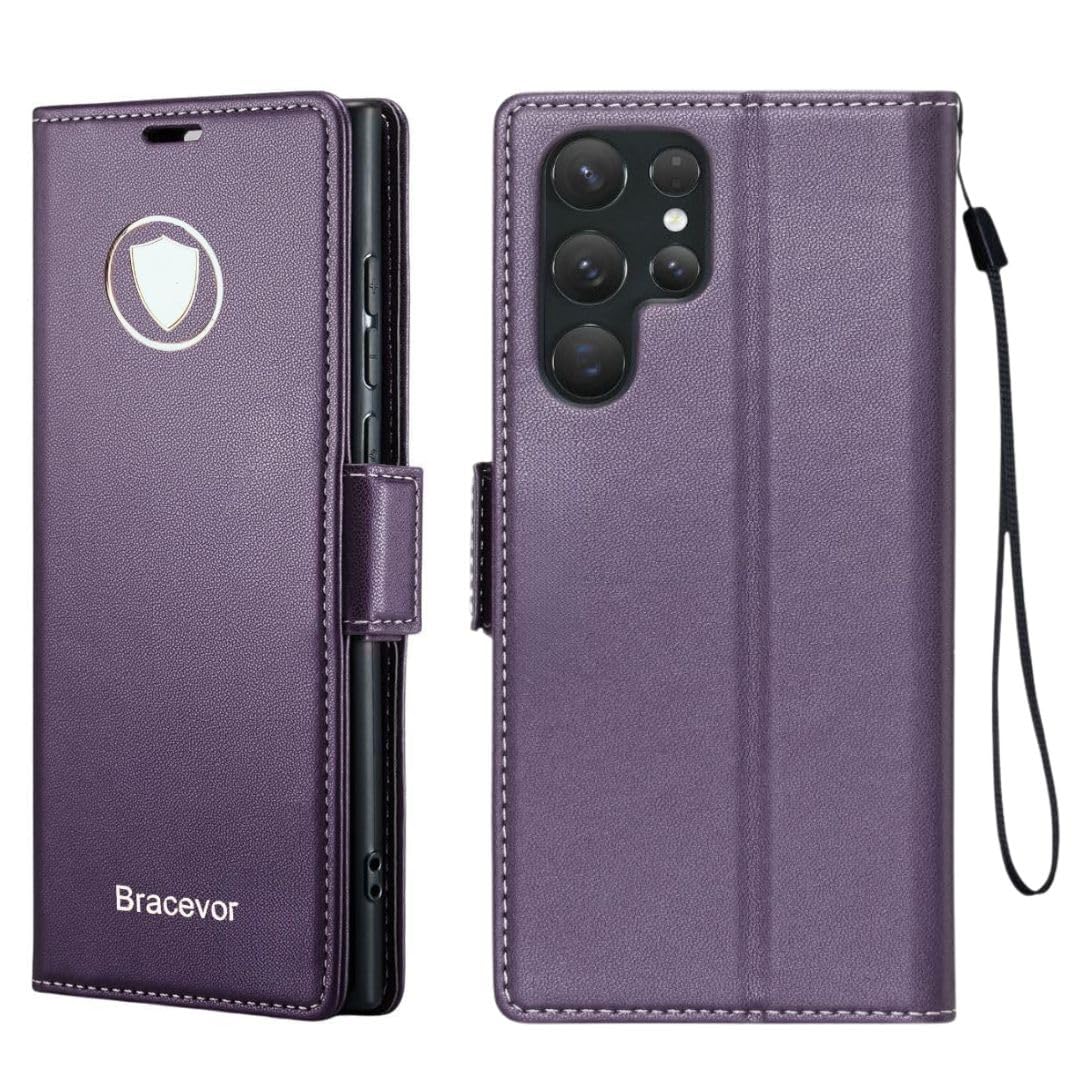 Bracevor Deluxe Leather Flip Cover case for Samsung Galaxy S23 Ultra 5G : Purple | Full Camera Cover | RFID Blocking Wallet Pockets | 360 Degree Protection