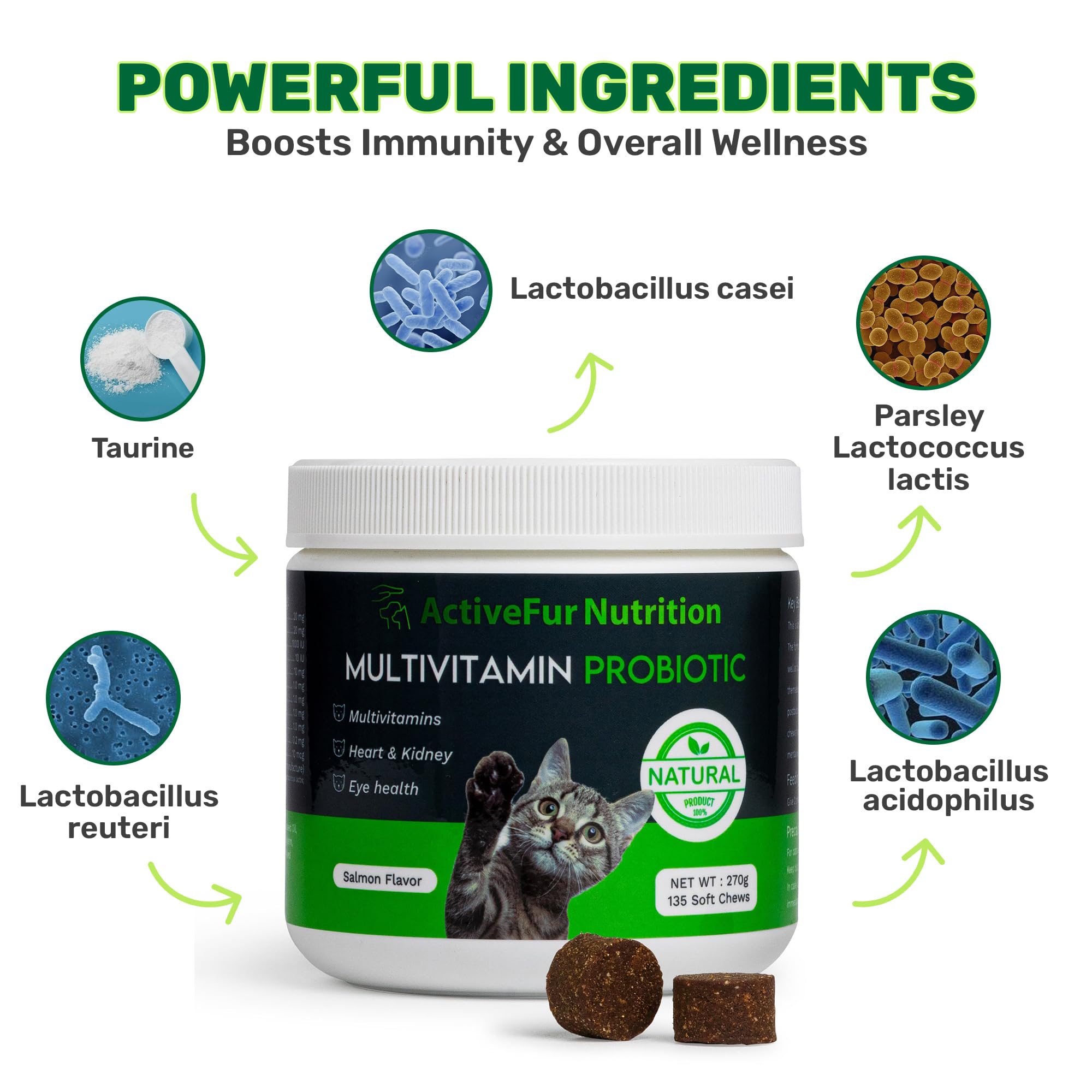 ActiveFur Nutrition Multivitamin Digestive Support Chews for Cats - 135 Salmon Flavoured Soft Chews - Image 2