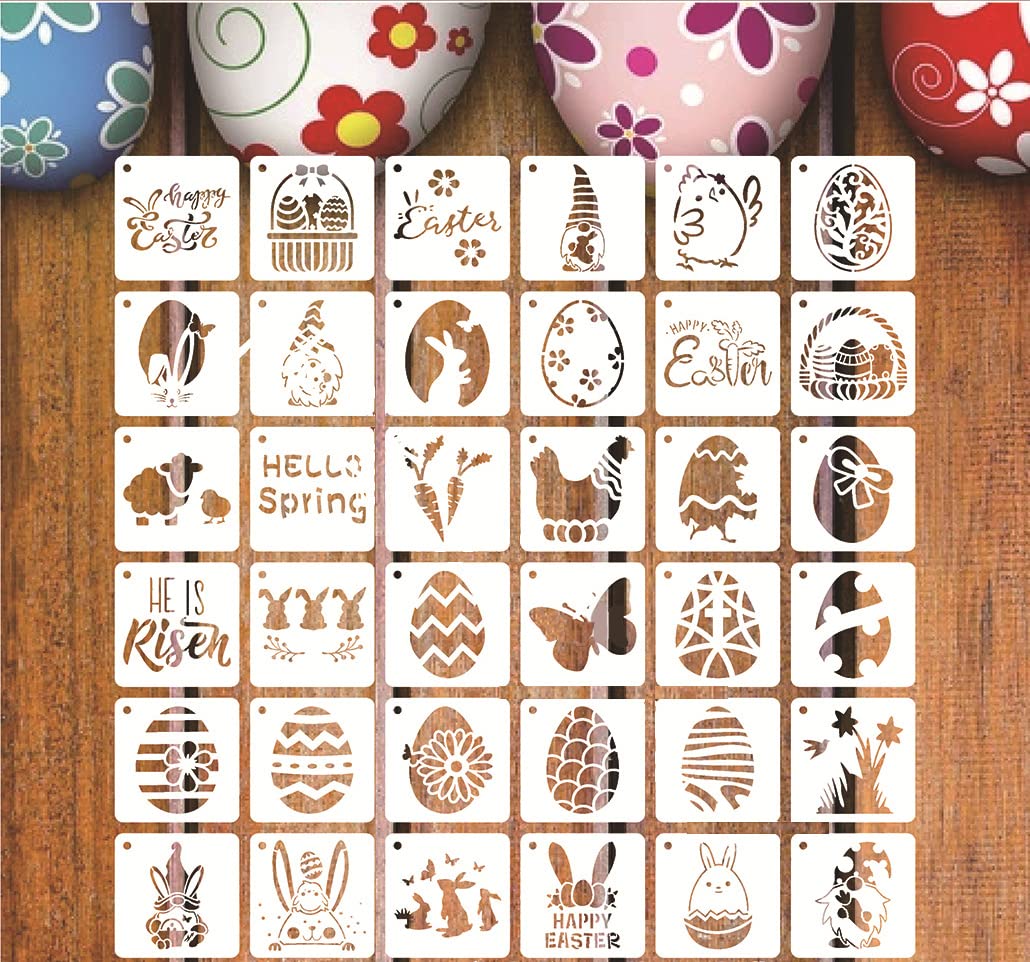 36 Pieces Easter Stencils Small Easter Theme Templates Reusable 7.6 x 7.6 cm Drawing Stencils for Painting on Wood DIY Crafts Ornaments Wood Slice