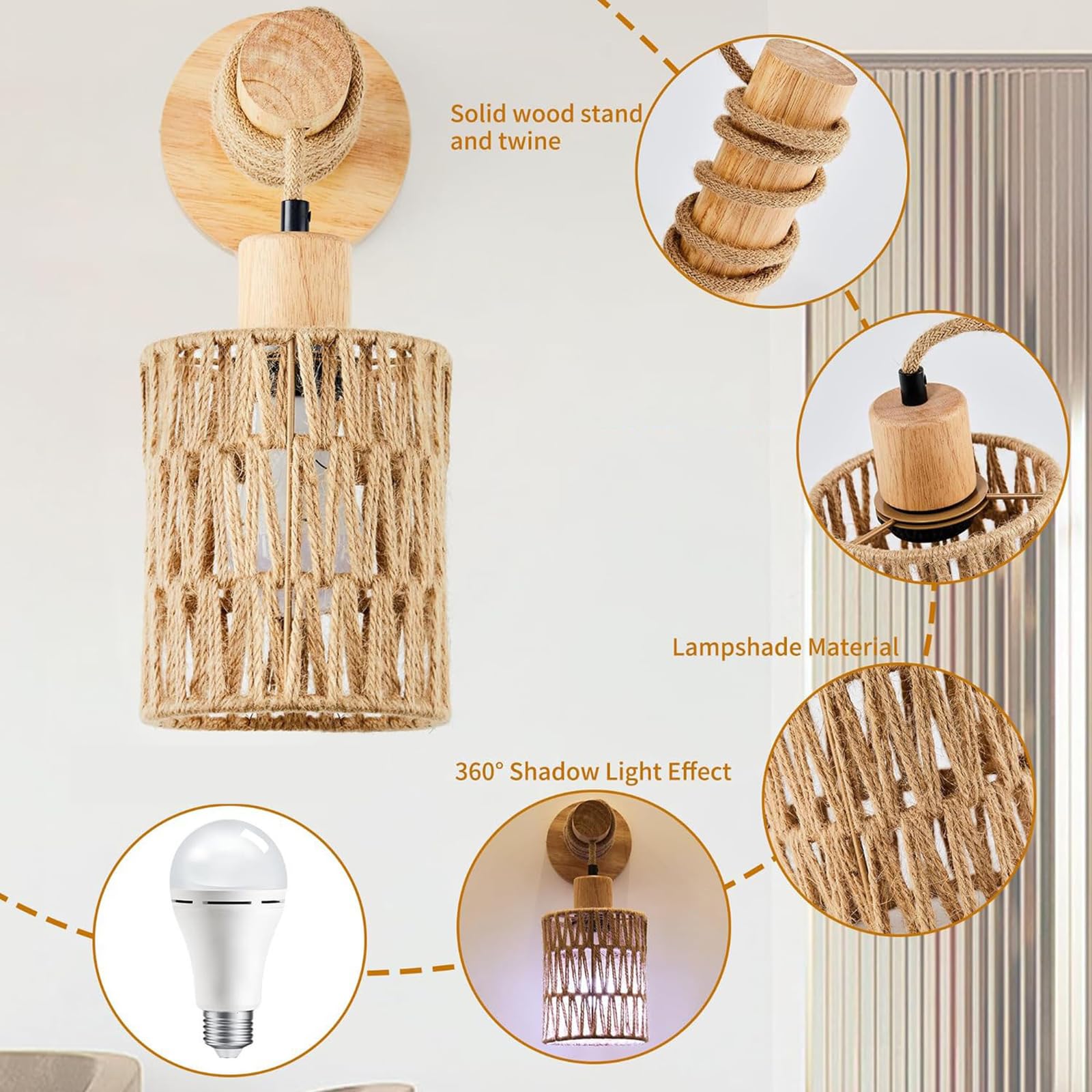 Aplique Rattan Boho, Lámpara de Pared Colgante Mimbre, Lámpara Laternas Madera Rústica, Set de 2 para Dormitorio, Sala Estar, Pasillo, Entrada, Decoración Granja,B