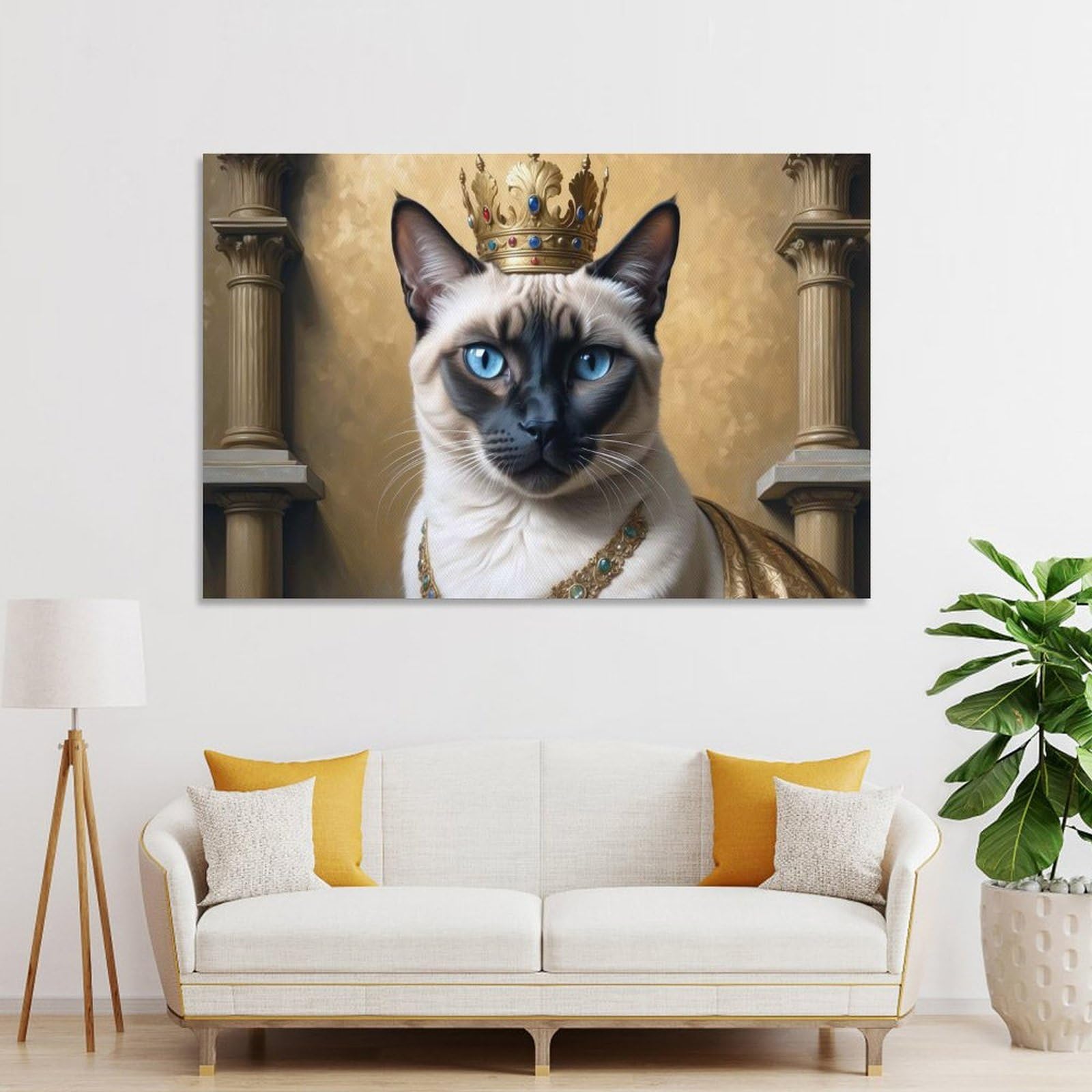 Junmoney Unframe-Style-5-1 Regal Siamese Cat Portrait With Crown Canvas Art Print, 20X30inch(50X75cm), For Living Room, Bedroom, Office Or Hallway, Decorative Artwork With Broad Appeal
