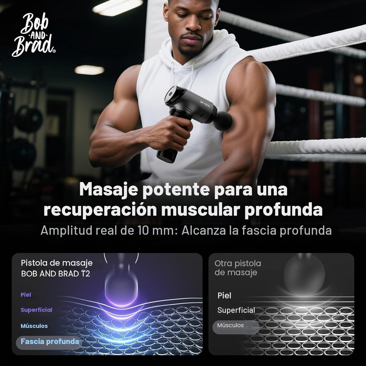 Bob and Brad T2 Pistola de Masaje Muscular, Masajeador de Tejido Profundo con Batería de 4000 mAh y Amplitud de 10 mm, Pistola de Masaje Eléctrica para Aliviar el Dolor Muscular