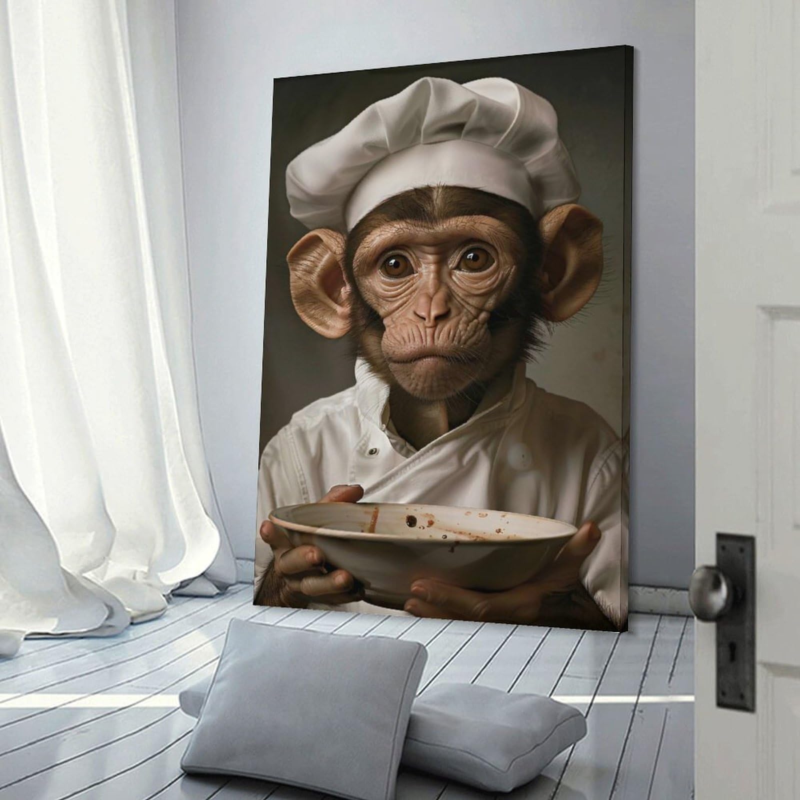 Junmoney Frame-Style-19-1 Monkey Chef With Empty Bowl Canvas Wall Decor 24X36inch(60X90cm), For Study, Office Or Focused Interiors, Wall Art That Adds Style To Work Areas
