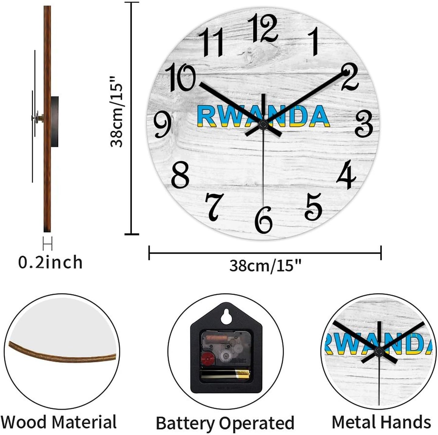 Rwanda Flag Decorative Wood Clock Rwanda Clocks for Wall Battery Operated Silent Clocks for Bathroom Bedroom 15x15in New Home Housewarming Gift