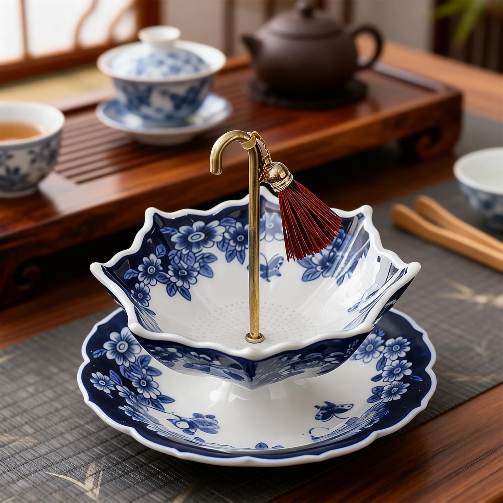 Infusor de té paraguas con base a juego, porcelana azul y blanca, filtro de té de poros finos, Kung Fu tradicional oriental para elaboración de cerveza (juego Qinghua)