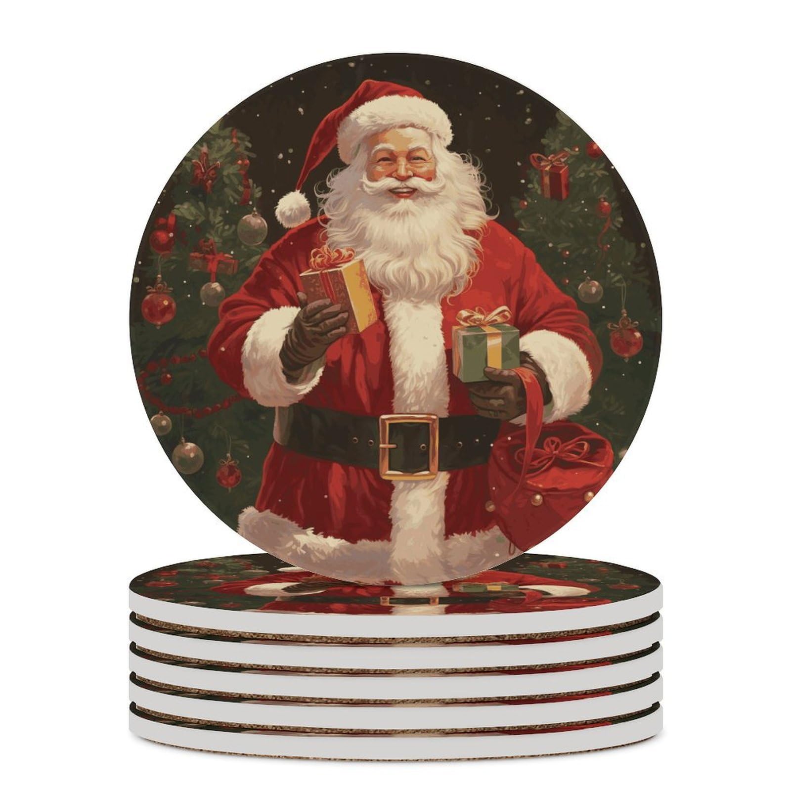 Khauerbc Style Santa Claus Drink Coasters With Holder For Coffee Table,Ceramic Coaster With Cork Base,Ceramic Stone Coaster For Iced Cold Or Hot Drinks,4.1 Inches