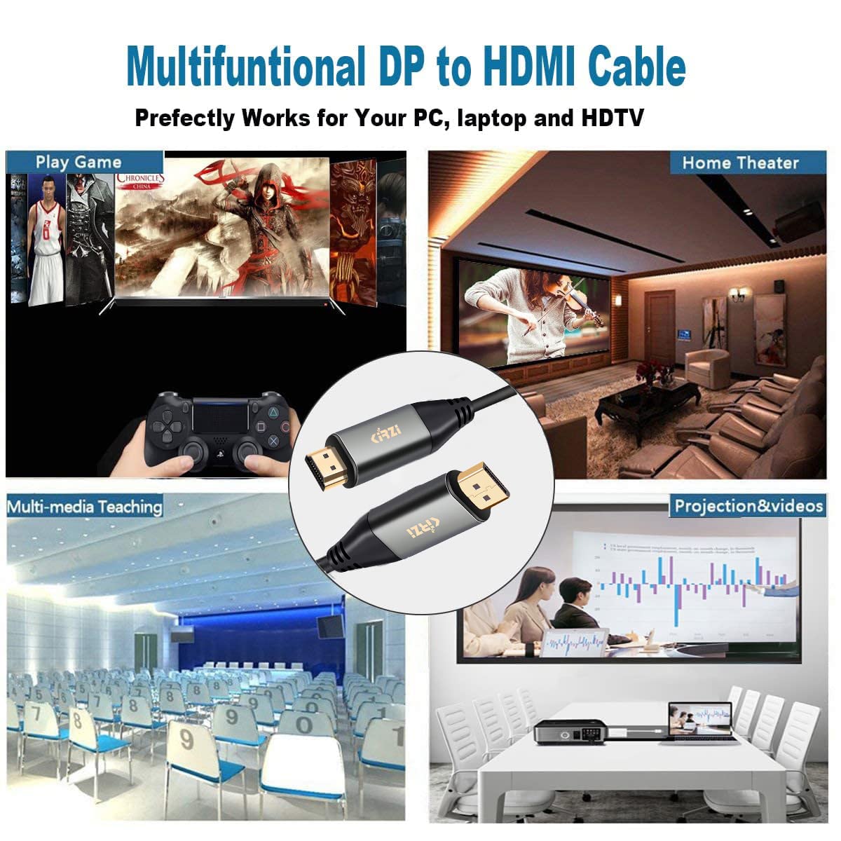 Cavo adattatore 4K DisplayPort a HDMI, [guscio in alluminio] ad alta velocità (1440p 60Hz, 1080p 120Hz) unidirezionale DP a HDMI cavo compatibile per Dell, HP, Insignia, Samsung, monitor,