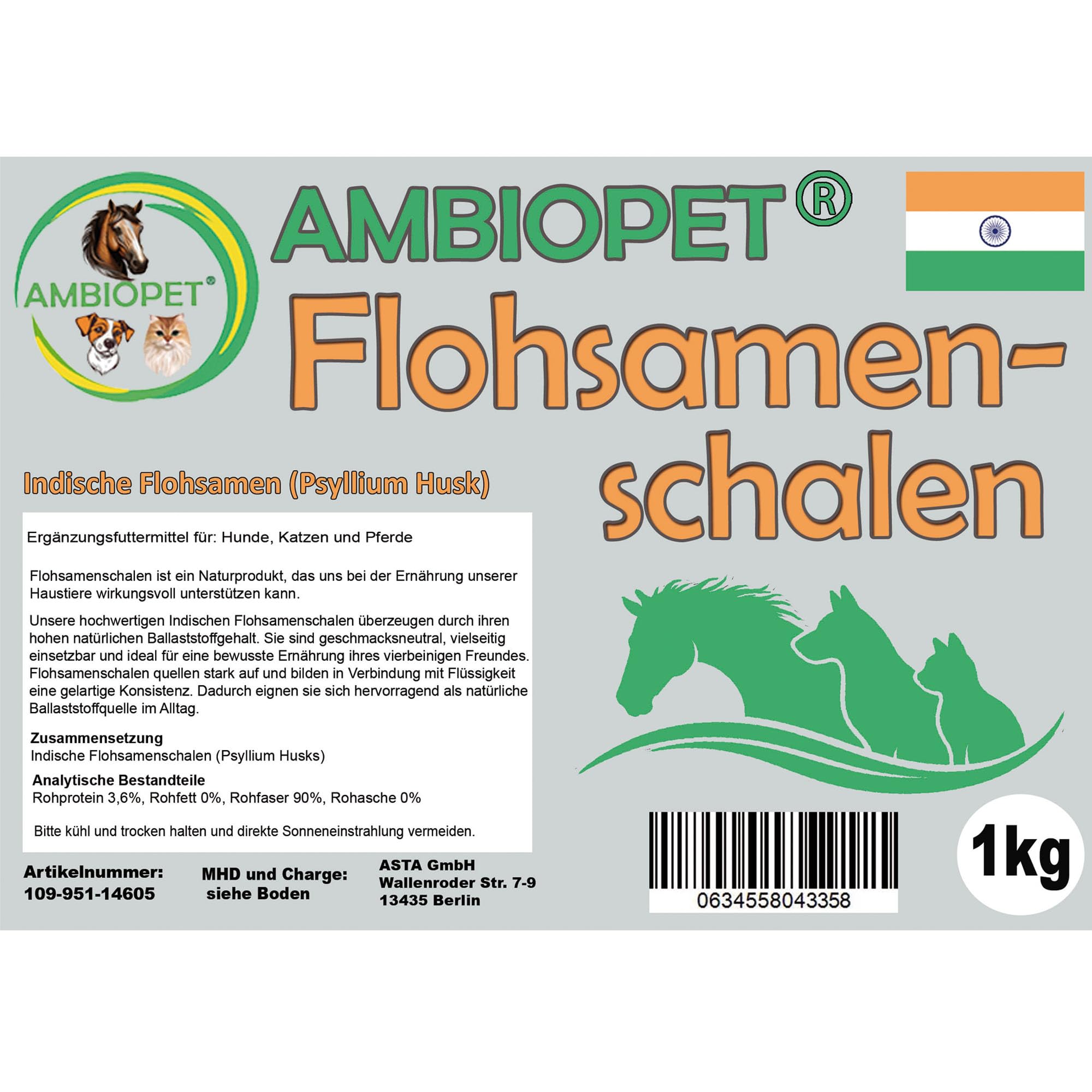 Flohsamenschalen (Psyllium Husks) gemahlen im 3kg Beutel, eine natürliche, geschmacksneutrale Ballaststoffquelle für den täglichen Bedarf von Hund, Katze und Pferd