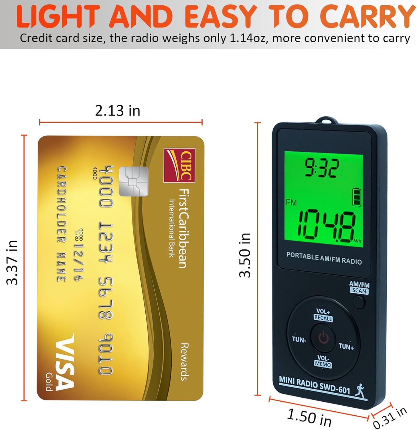Comparison of the SWDSTP radio size to a credit card, highlighting its compact dimensions