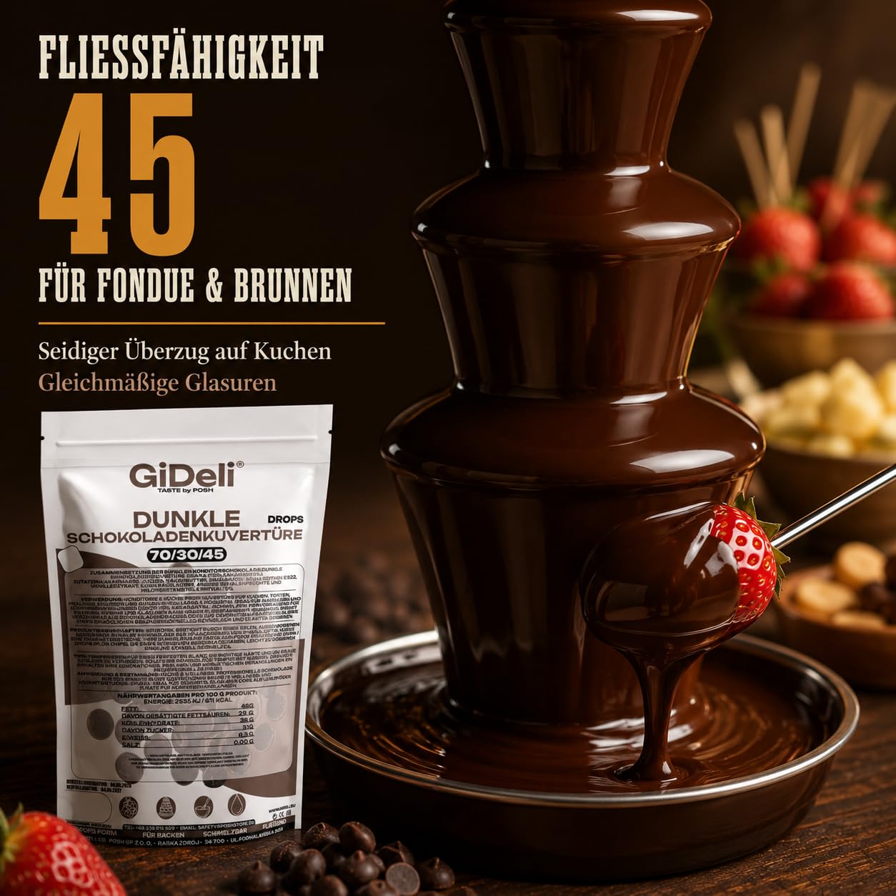 GiDeli Dunkle Schokoladenkuvertüre 70% Drops 2x5kg - Professionelle Zartbitterschokolade zum Temperieren - Kakao aus Ghana - Fließfähigkeit 45 - Ideal für Torten, Pralinen & Ganache