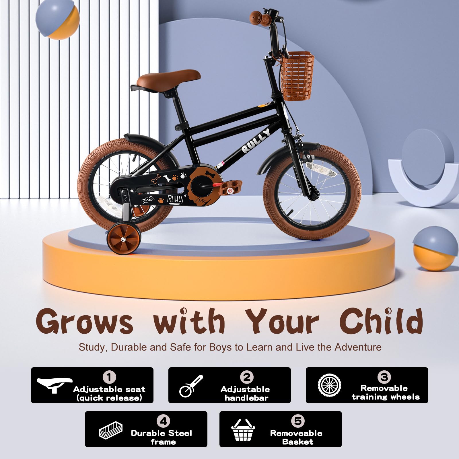 RULLY 12–16 Zoll Jungenfahrrad für Kinder von 2–6 Jahren – Fahrrad mit Stützrädern, Rücktrittbremse & Handbremse, Frontkorb – Blau, Schwarz, Grün
