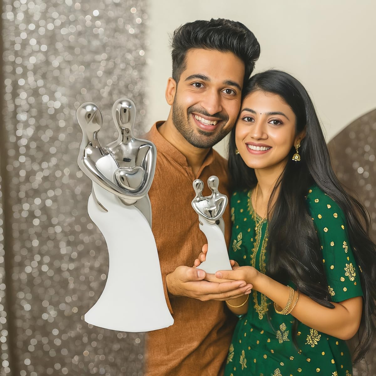 Upscale Extra Tall (30cm) Beautiful Love Couple Showpiece, Artefact, Statue for Home Decor, Living Room & Gifting| White & Silver