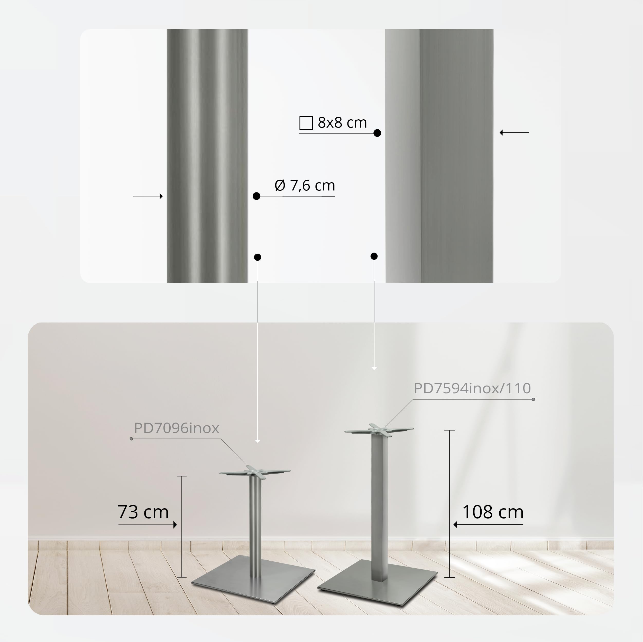 Base per Tavolo da Pranzo Premium in Acciaio Inossidabile - PD7096inox - Gambe per Tavoli (Altezza: 73 cm, Peso: 33 kg) - Max. Dimensione della Tavola: 120x120 / Ø 150 cm