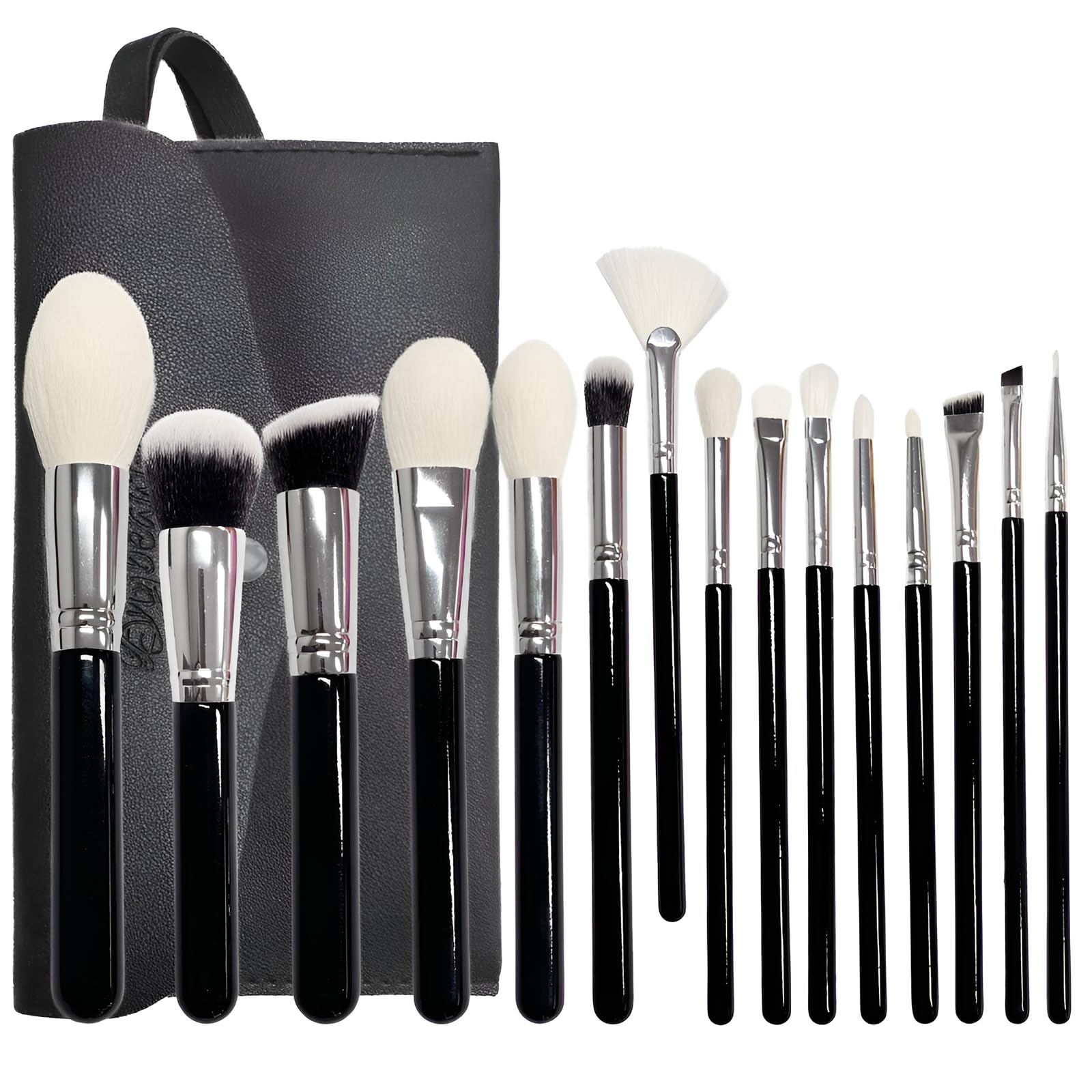 Makeup Brush Set, 15Pcs Professional Make Up Brushes, Premium Animal Wool Bristals, Ultra-soft Even Application, Foundation Powder Blusher Eyeshadow Eye Brow Contour Lip Brush Kit with PU Bag, Black