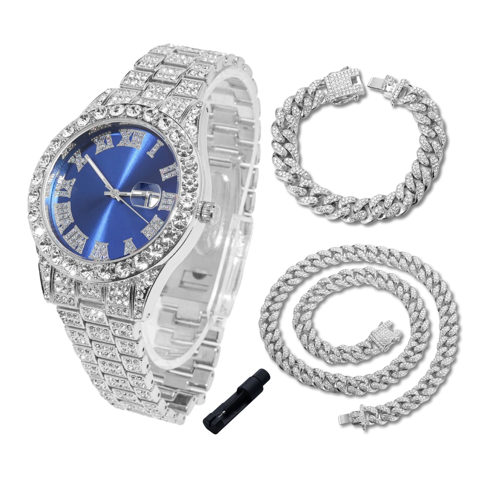 Halukakah Diamanten Gold Uhr für Jungen - 18K Echtgold/Platin Platiniert,42mm Blaues/Grünes/Rotes Zifferblatt,Japanisches Quarzwerk - 20cm Länge- Optional mit Cuban Gliederkette,mit Anpassungswerkzeug