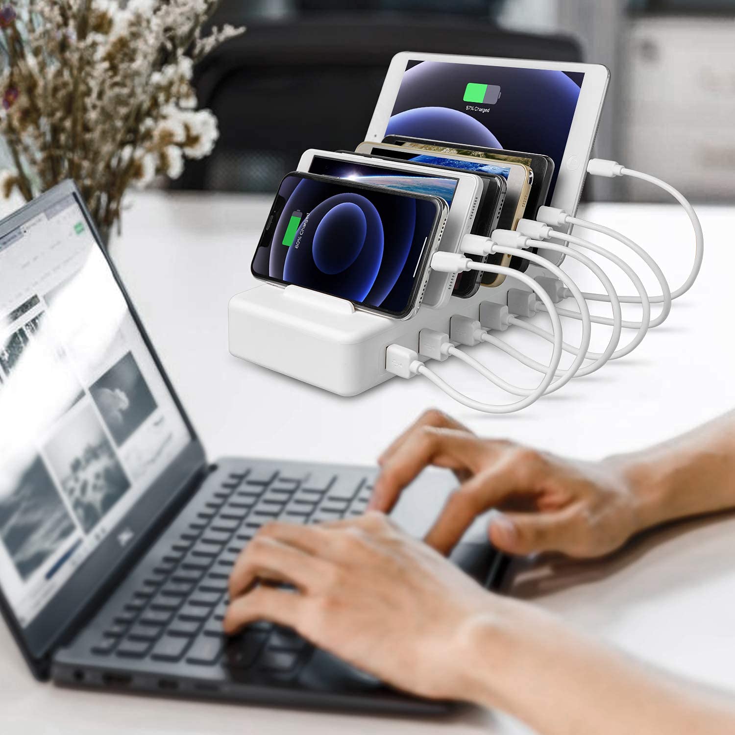 YOJA Station de Charge 6 Ports USB Chargeur Multiple Station Recharge Support de Charge Station Chargement pour Tablette Smartphone and Autres, avec 6 Câbles Courts, Couleur Blanc