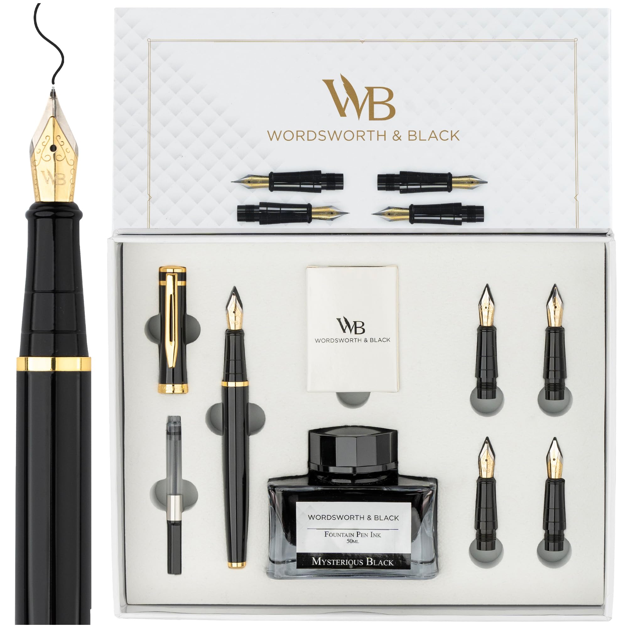 Wordsworth & Black Set regalo Penna Stilografica, include bottiglia d'inchiostro, 6 cartucce d'inchiostro, convertitore di ricarica d'inchiostro, 4 punte di ricambio, Pacchetto Premium [Oro Nero]