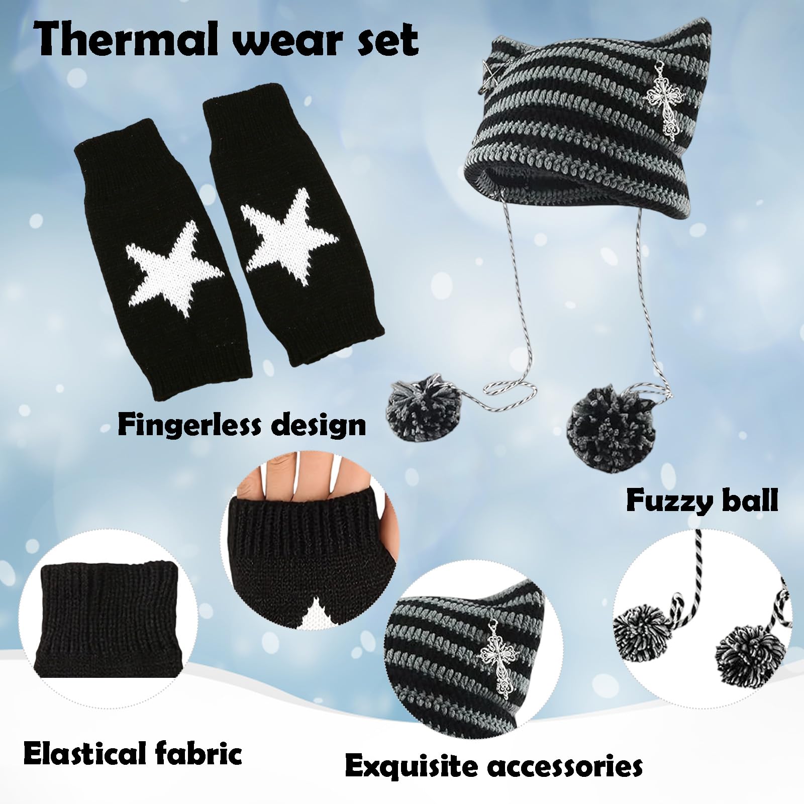 1Pcs Cat Beanie + 1Pcs Star Printed Fingerless Gloves, Cat Hat for Womens Clothing Accessories Accessories for Y2K - Image 2