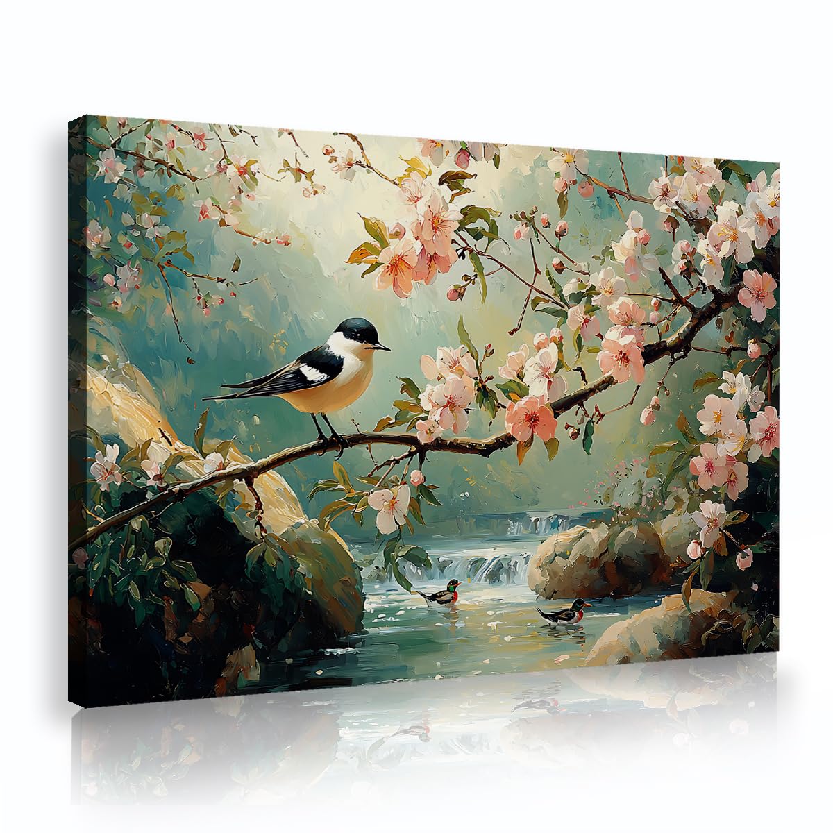 SHENGPOSTER uccello fiore serenità tela arte della parete peach blossom valle e stagno parete decor immagini per agriturismo soggiorno camera da letto pronto per appendere 55x80cm innerframe