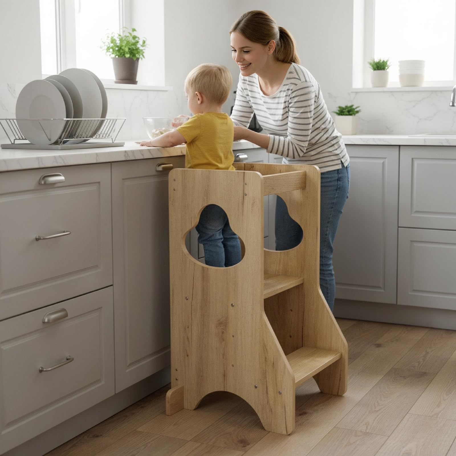 COSYLAND Toddler Standing Tower Height Adjustable – Wooden Step Stool Learning Helper for Kitchen Counter, Bathroom, Nursery – Sturdy Kids Step Stool for Kitchen (Natural)