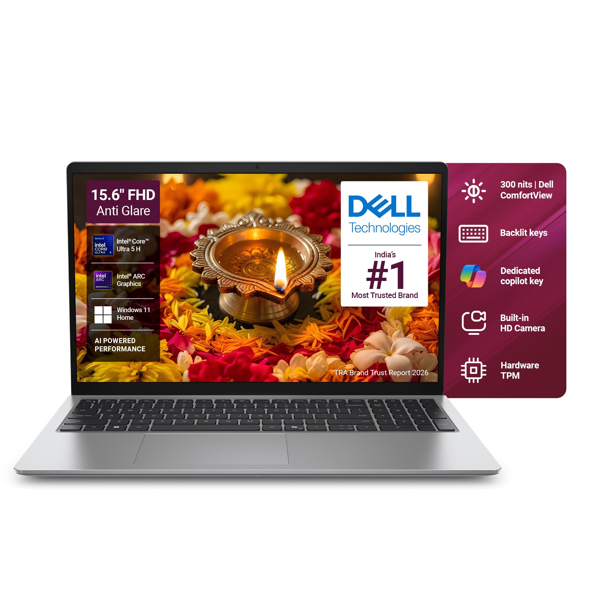 Dell 15 AI Powered Laptop, Intel® Core™ Ultra 5 225H Processor, 8GB DDR5 RAM, 512GB SSD, 15.6" FHD Anti-Glare Display, Backlit Keyboard + Dedicated Copilot Key, Silver, Win11 Home + MSO H&S'24, 1.66kg — image 1 of 7