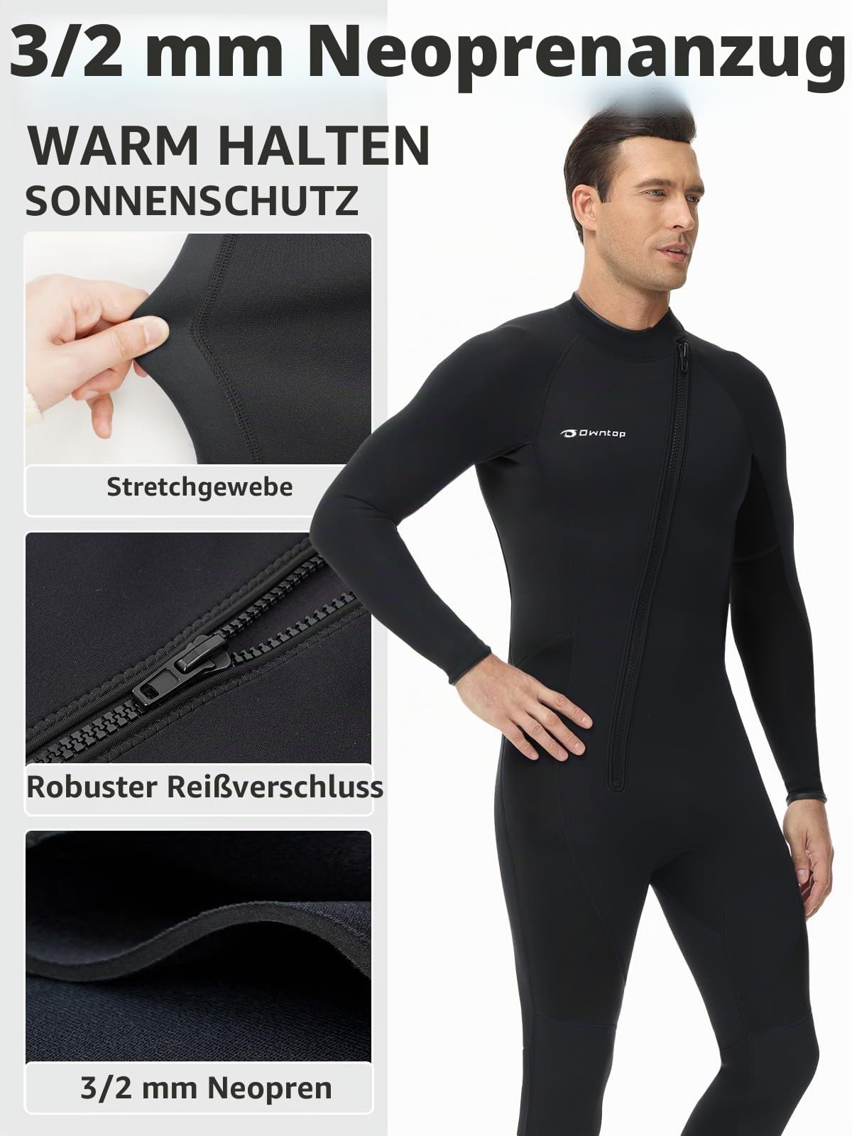 Owntop Herren Damen Neoprenanzug 3/2mm - Vorderer Reißverschluss | Voll Tauchanzüge, Stretch Pro Neopren-Nassanzug Thermische Volle Länge Tauchhaut zum Surfen Schnorcheln