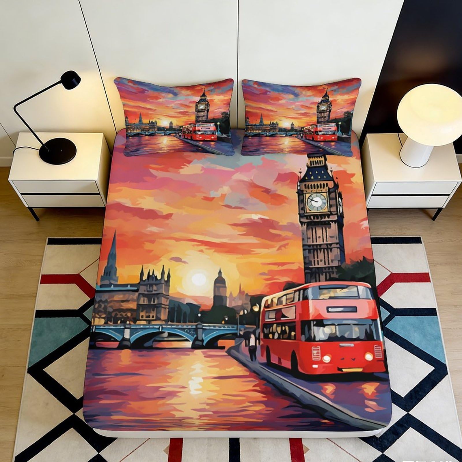 Jqzkxnhpbr Style-7 3D Printed London Sunset Fitted Sheet Microfiber Cityscape Red Bus Mattress Cover For Bedroom Decor Protection 90X200x25cm
