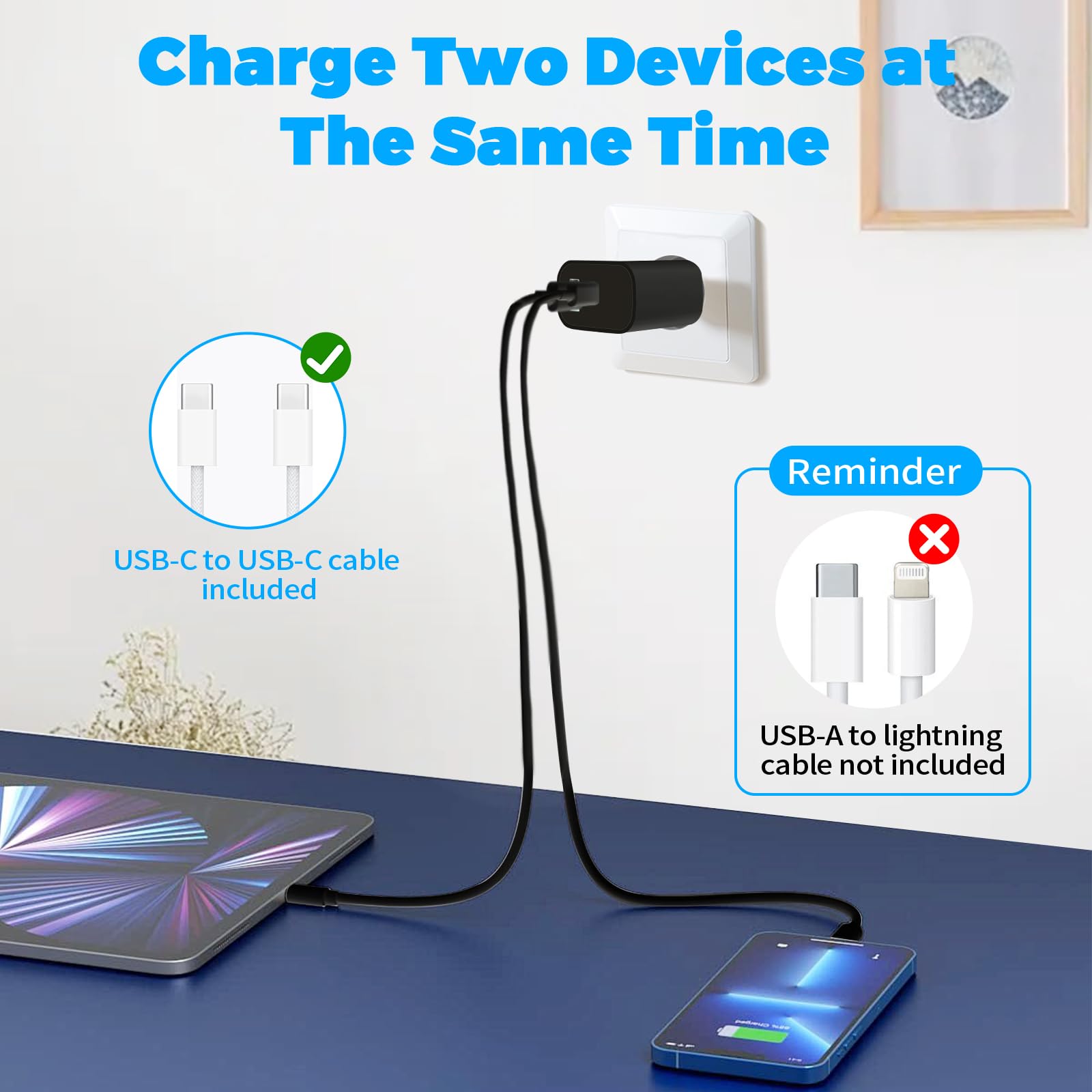 2 Pièces 20W Chargeur USB C, Chargeur iPad, Recharge Rapide, Compatible avec iPhone 15/ iPhone 15 Plus/iPhone 15 Pro/iPhone 15 Pro Max/iPad et Autres, Adaptateur Secteur Type C Double Port avec 2PCS C