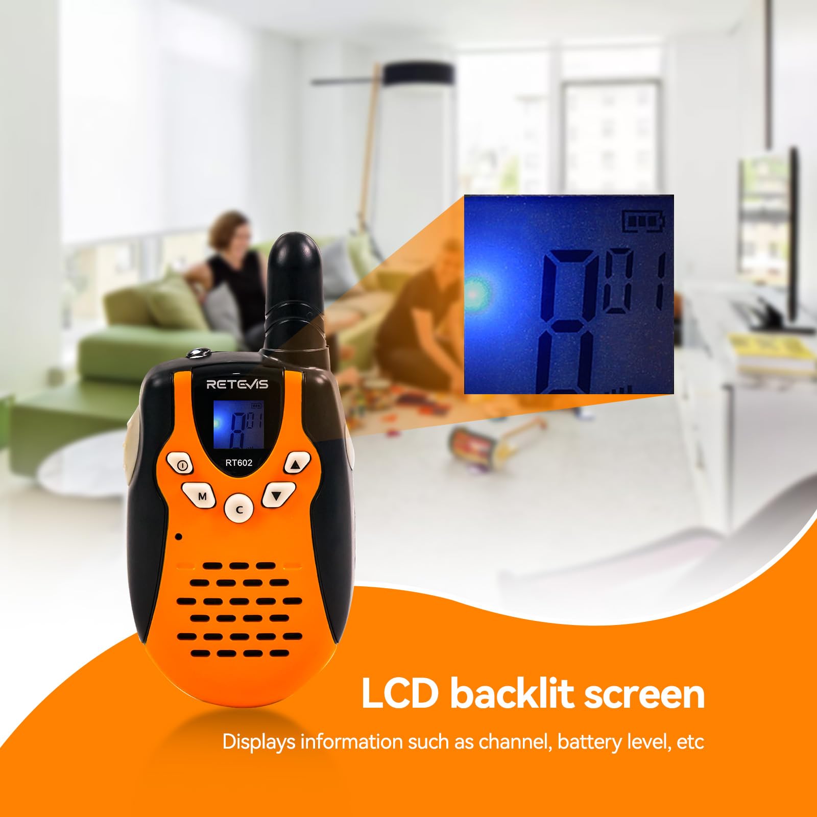 Retevis RT602 Walkie Talkie Ricaricabile Bambini, Batterie Li ion e Caricabatterie, Torcia a 8 Canali, Regali Natale Bambini a Lungo Raggio per Attività al Chiuso o all'Aperto (1 Paio, Arancione)