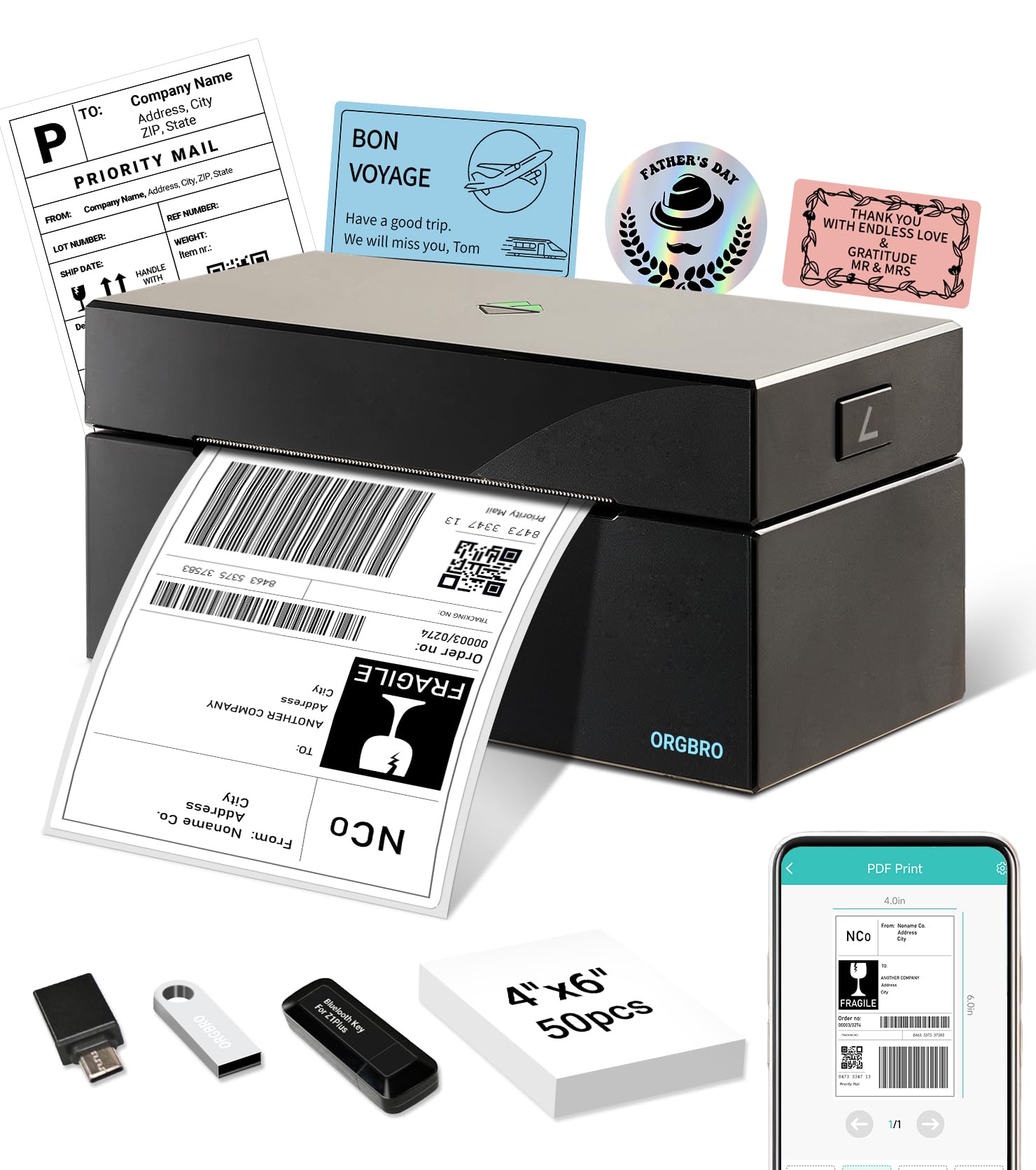ORGBRO Bluetooth Etikettendrucker Z1 Plus DHL Thermodrucker Etikettiergerät 4x6 Versandetiketten Drucker Labeldrucker für Barcode, Adresse, Kompatibel mit Amazon, Etsy, Shopify, Schwarz