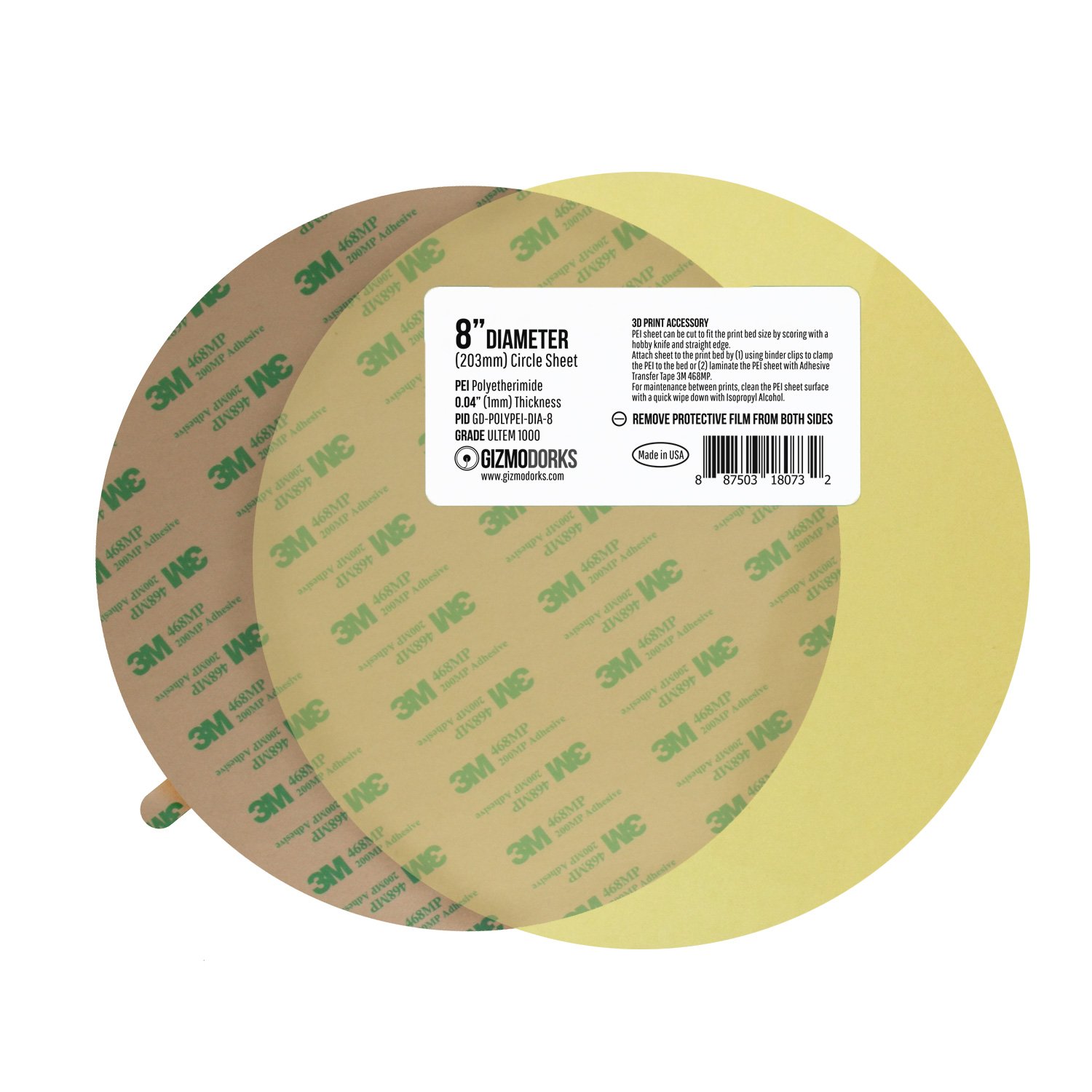 Gizmo Dorks PEI Sheet Round 8" (203mm) Diameter 1mm Thick 3D Printer Build Surface with 3M 468MP Adhesive, Made in The USA