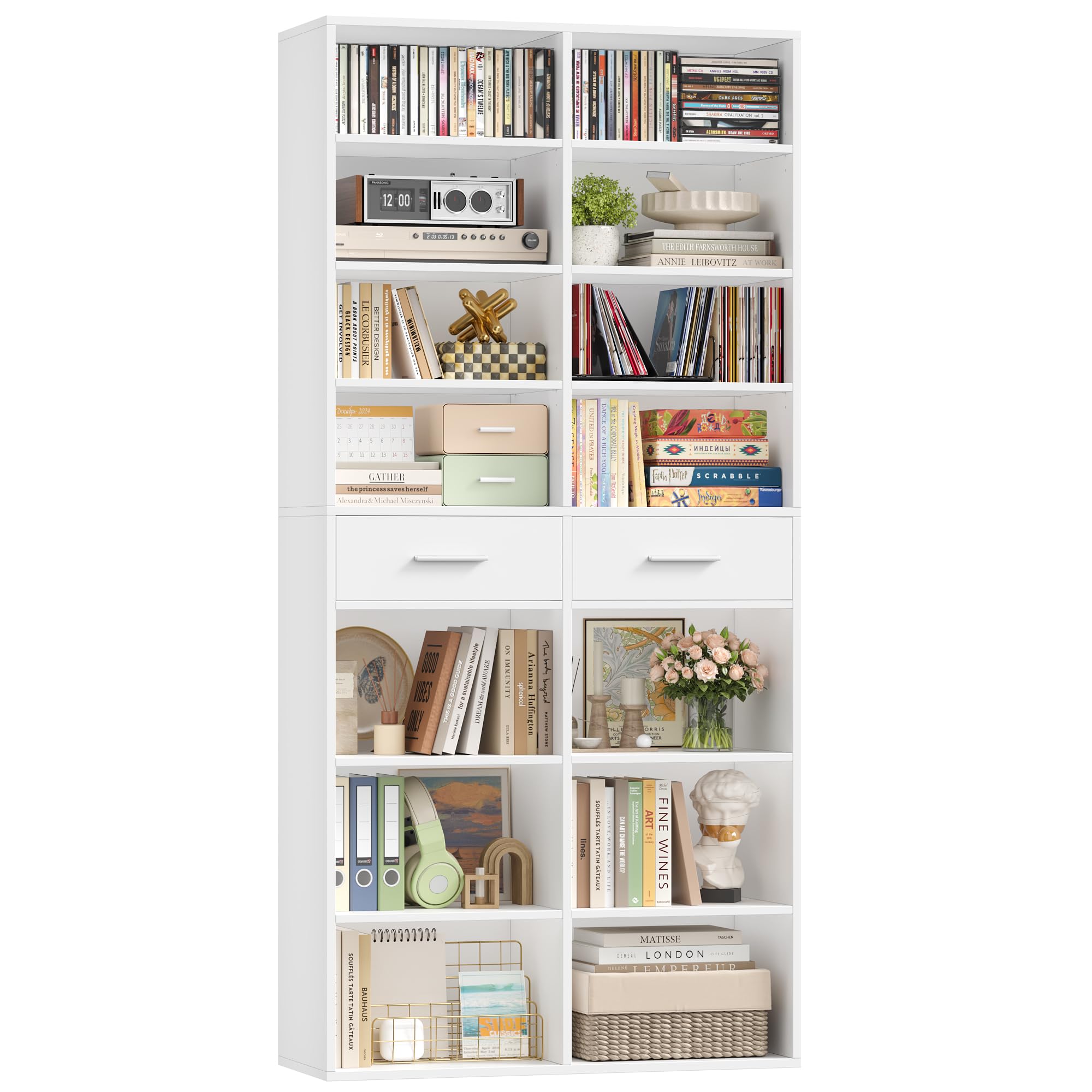 HOCSOK Bücherregal, 185,5 cm Hoch Standregal mit 2 Schubladen, 8 Ebenen | Bücherschrank Regal Offenes Aufbewahrungsregal für Arbeitszimmer, Büro, Wohnzimmer, Schlafzimmer, Weiß/Schwarz