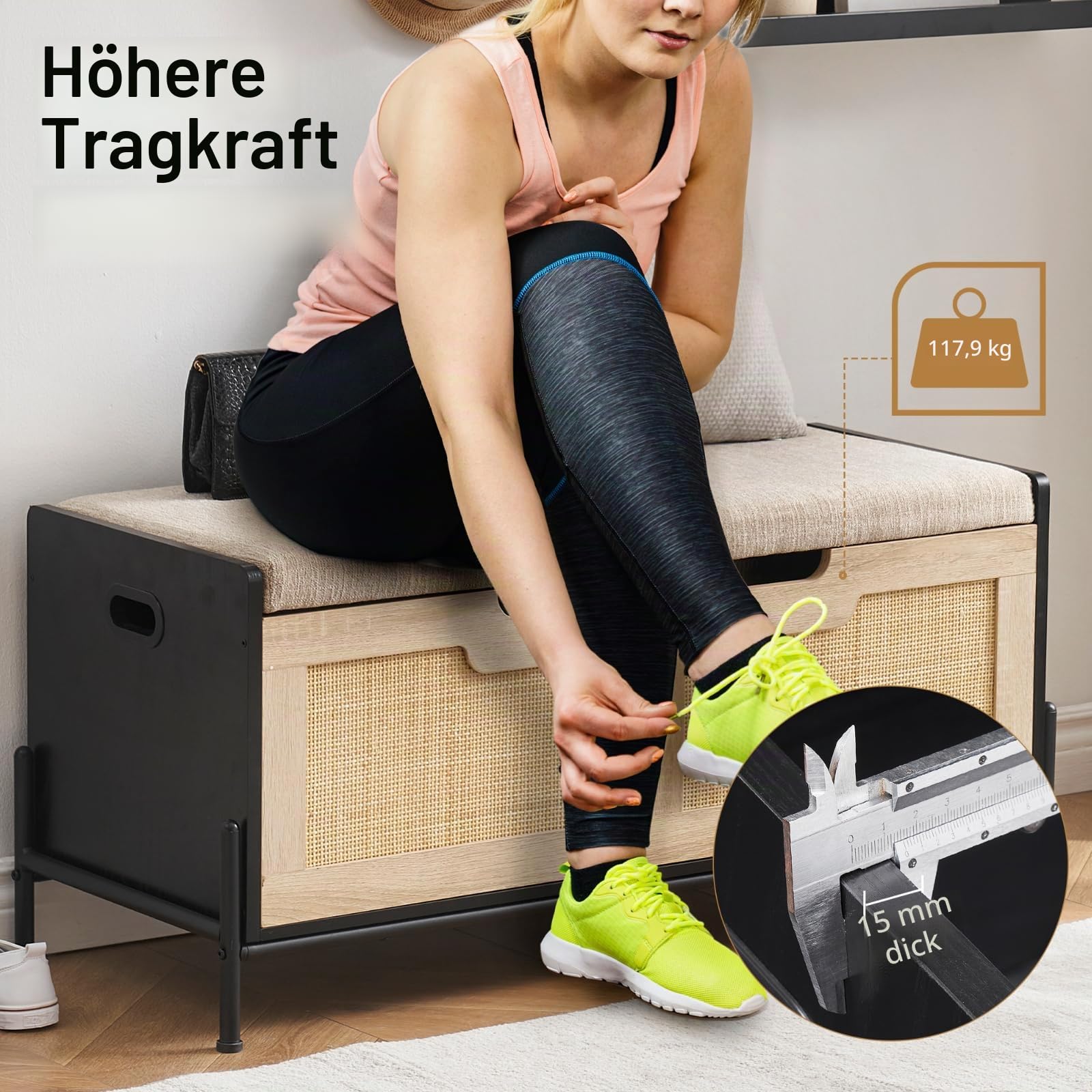 Garvee Schuhbank Rattan Sitzbank mit Kissen Sitztruhe mit Stauraum Aufbewahrungsschrank Aufbewahrungstruhe für Flur Schlafzimmer Wohnzimmer 100 * 40 * 46 cm Schwarz