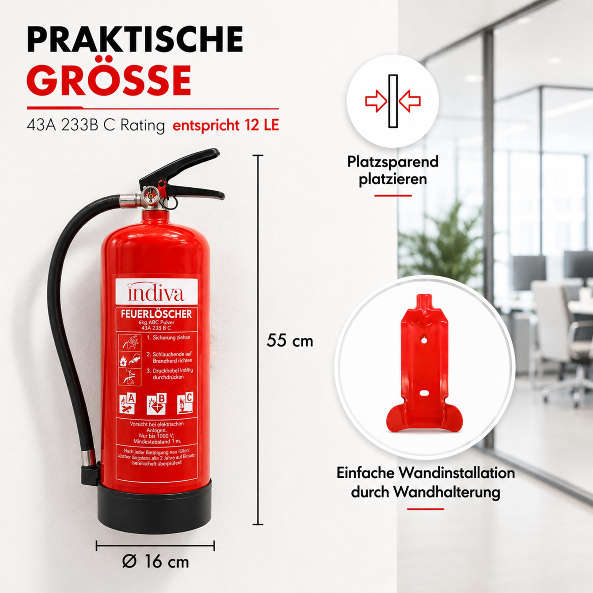 Pulverfeuerlöscher Brandklassen ABC - Feuerlöscher 6kg - Dauerdrucklöscher 43A 233 B C - Löscher für Auto, Büro, Werkstatt, Lager & Industrie - Pulverlöscher 12  Löscheinheiten