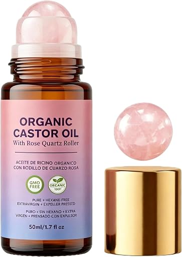 Castor Oil Rose Quartz Roller Ball, Travel Size, 1.7 oz | Cold-Pressed Castor Oil Roll On with Refillable Rose Quartz Roller, for Face, Hair & Body, Leak-Proof Design
