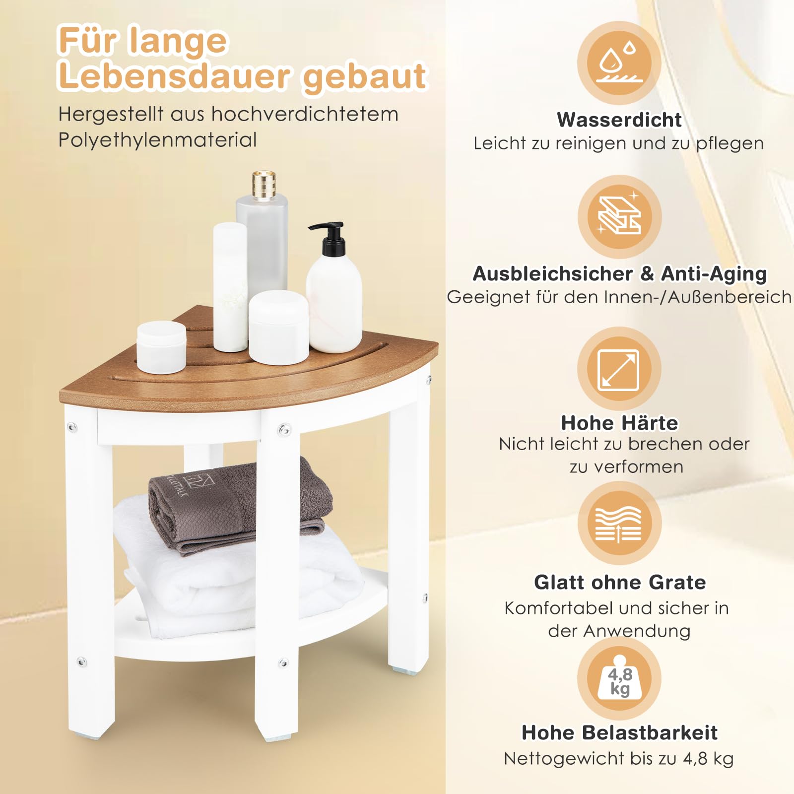 RELAX4LIFE Eck-Duschbank, HDPE-Duschhocker mit Ablage, Badezimmer-Fußstütze für Kleine Räume, Wasserdichter Duschhocker bis 150kg Belastbar, 2-stufiger Organizer für Innendusche, Braun+Weiß