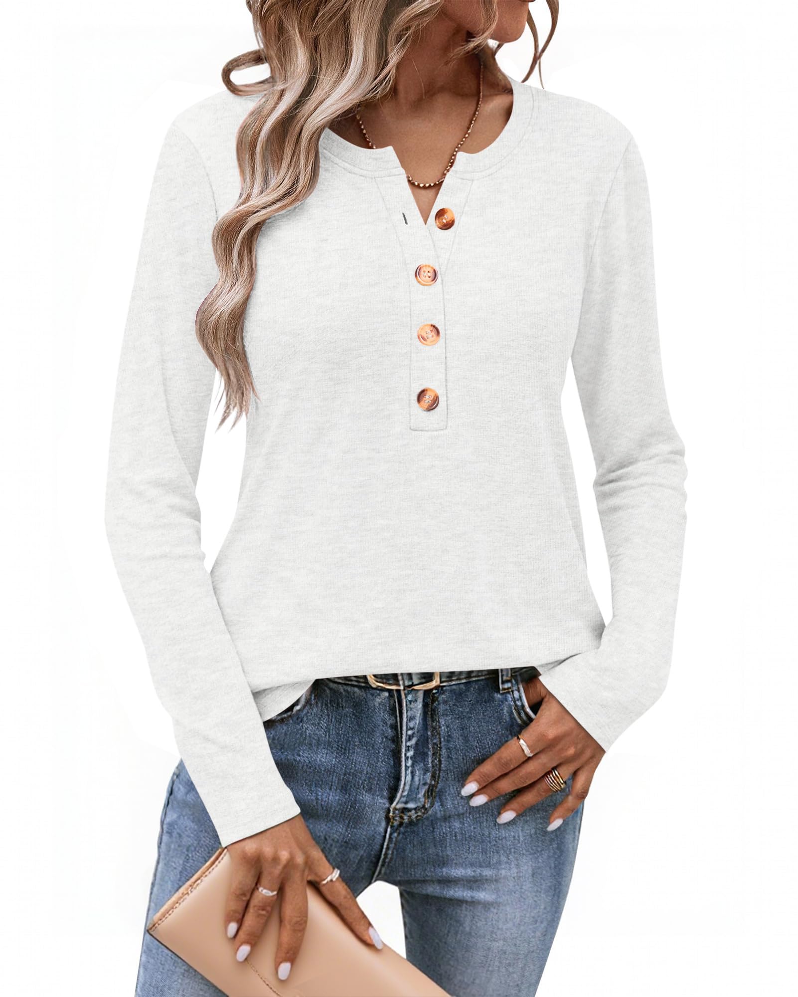 MISFAY Women's Long Sleeve T-Shirts Crew Neck Buttons Casual Tunic Tops Basic Tees Blouses LooseFall Fashion 2025