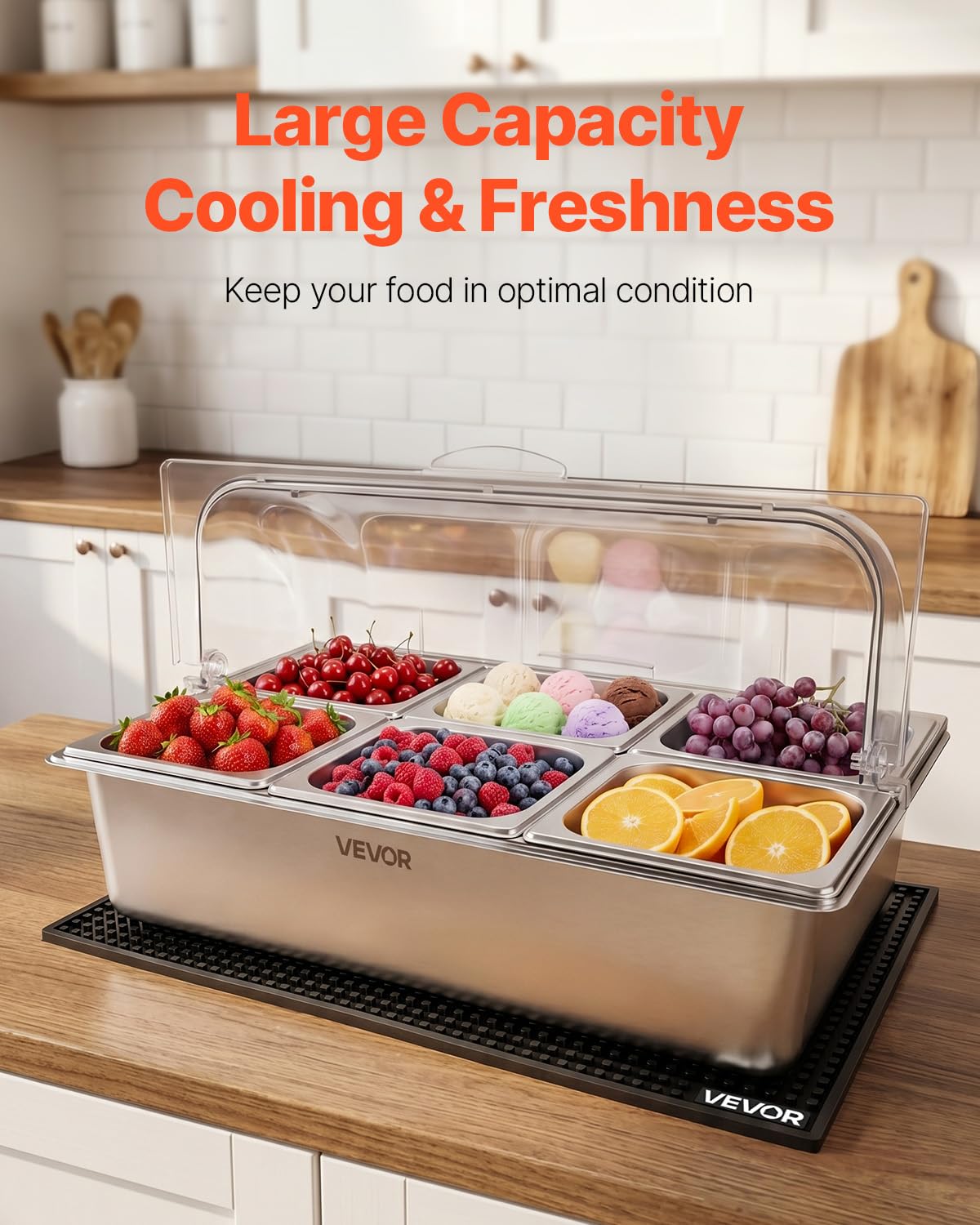 VEVOR Vetrina Refrigerata da Banco per Ingredienti, Contenitore Refrigerato 2 pezzi 6 Vaschette in Acciaio Inox per Ingredienti Alimenti Cibi da Catering Bar Hotel Buffet Freddi, Coperchio Trasparente