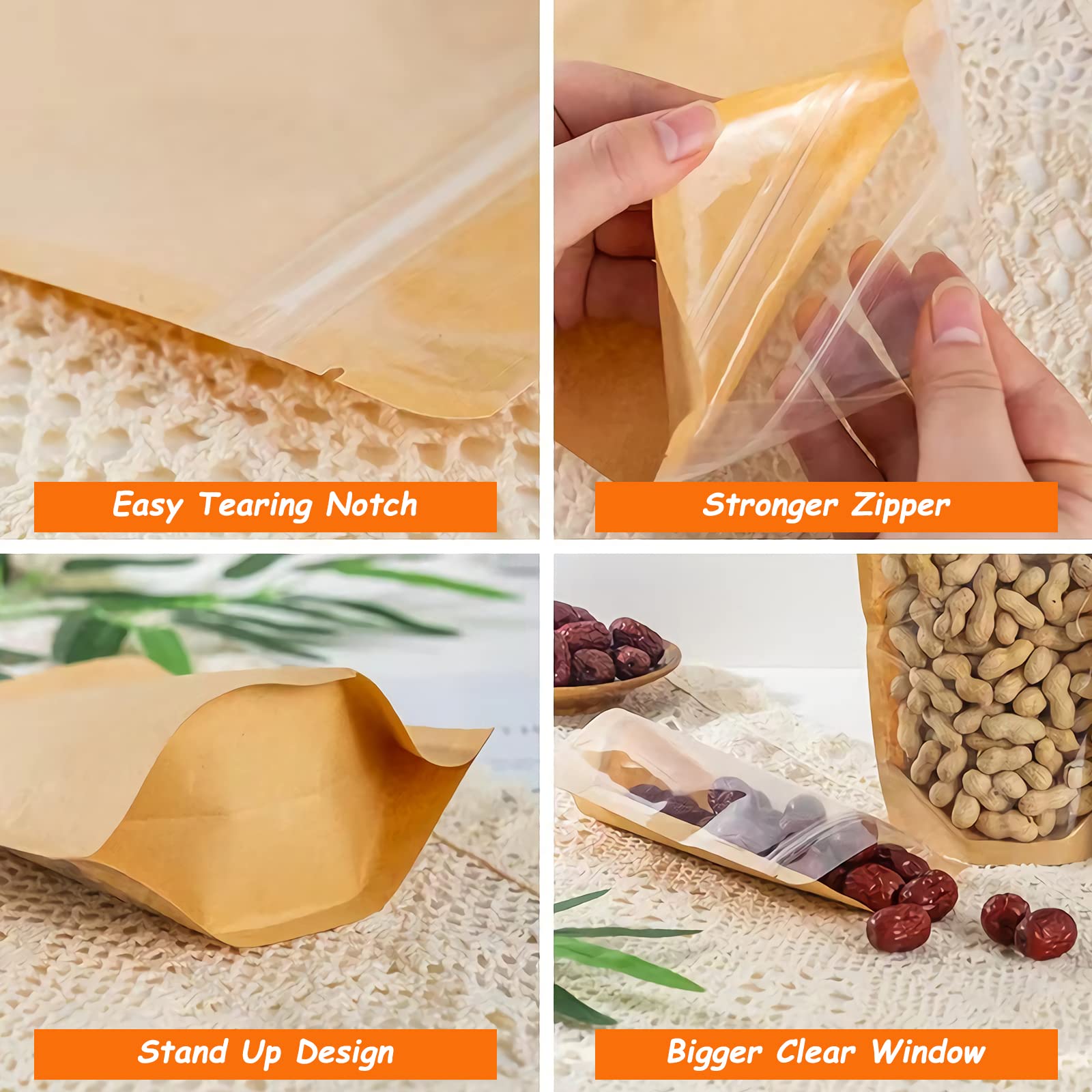 Lot de 100 pochettes en papier kraft avec fenêtre transparente, réutilisables et refermables pour aliments, grains de café, collations - 20,3 x 30,5 cm