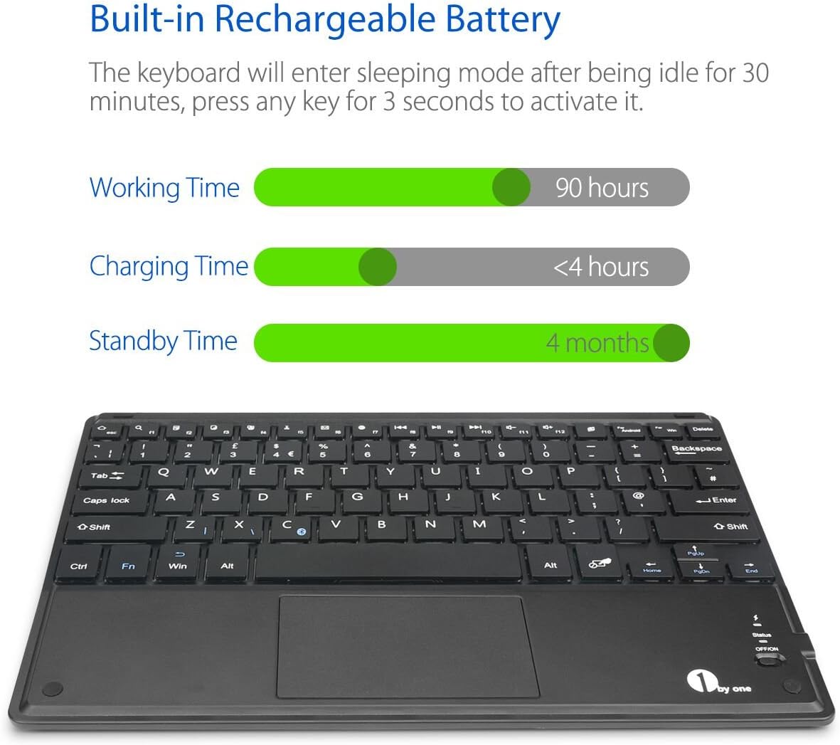 1byone Ultra-Slim Wireless Keyboard with Built-in Multi-Touch Touchpad and Rechargeable Battery for Android and Windows, Black