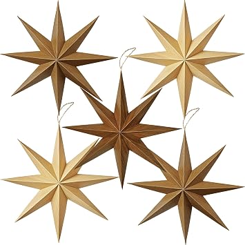 SUNBEAUTY 8-Pointed 12 Inch Paper Star Lanterns Brown Wooden Christmas Lanterns Hanging Lamp Paper Decorations Shade Wedding Birthday Christmas Home Party Decorations