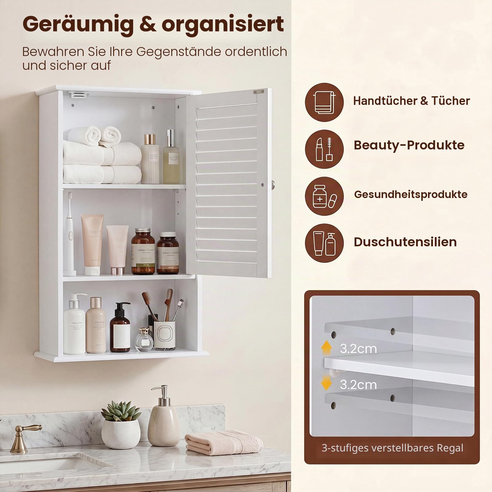 LIFEZEAL Hängeschrank Badezimmerschrank, Wandschrank mit Tür & Verstellbarer Ablage, Wandschrank Badschrank wandmontage, Küchenschrank Medizinschrank, 42 x 17 x 70 cm