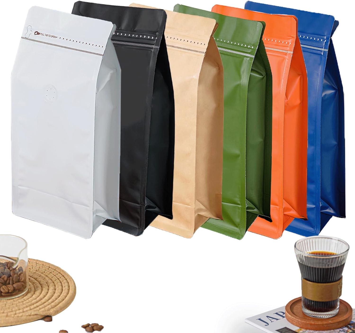 50 Pcs 1lb Green Long Coffee Bean Bags with Valve, Easy Tear Open & Repeating Sealed Zipper, Heat-seal Stand Up & Flat Bottom Coffee Bag, 16oz Capacity 5.3x10.2 Inch