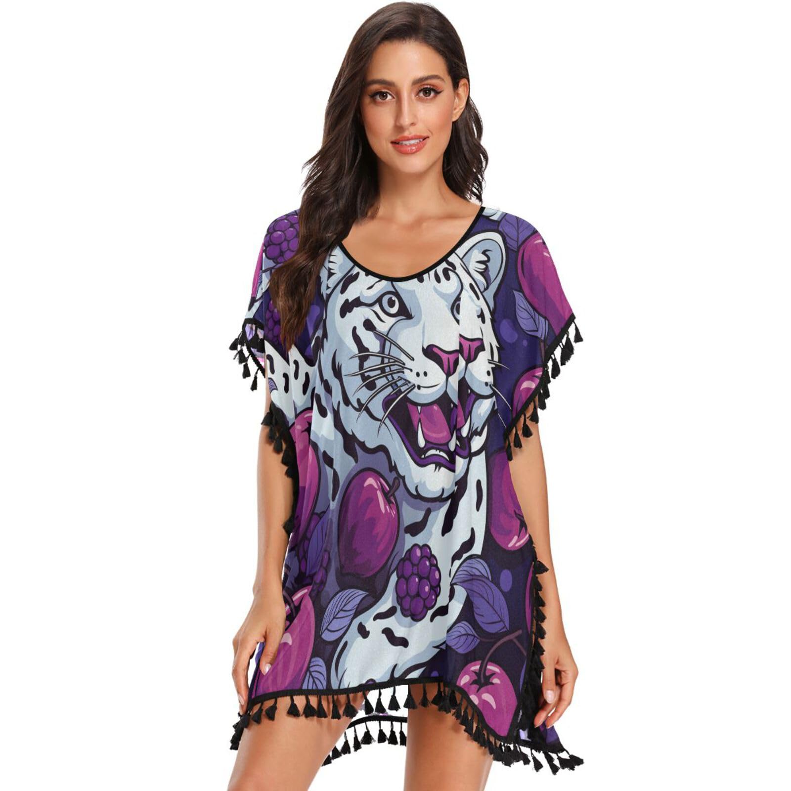 White Tiger Purple Art Women's Beach Cover Up Chiffon Tassel Swimwear Swimsuit Coverups for Girl