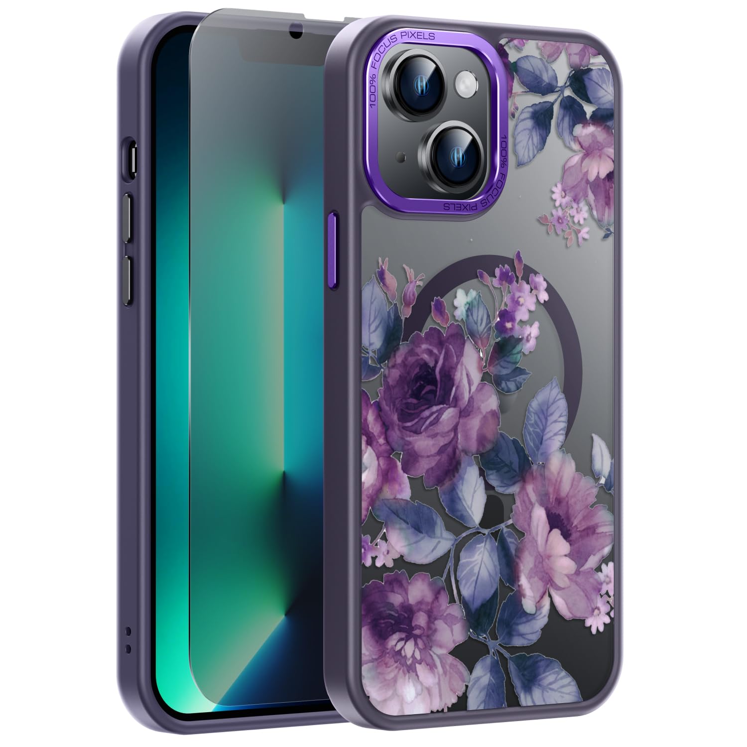 Goodon for iPhone 15 Plus Case with Privacy Screen Protector, Compatible with Magsafe, Shockproof Translucent Matte Cover - Cute Floral Design Phone