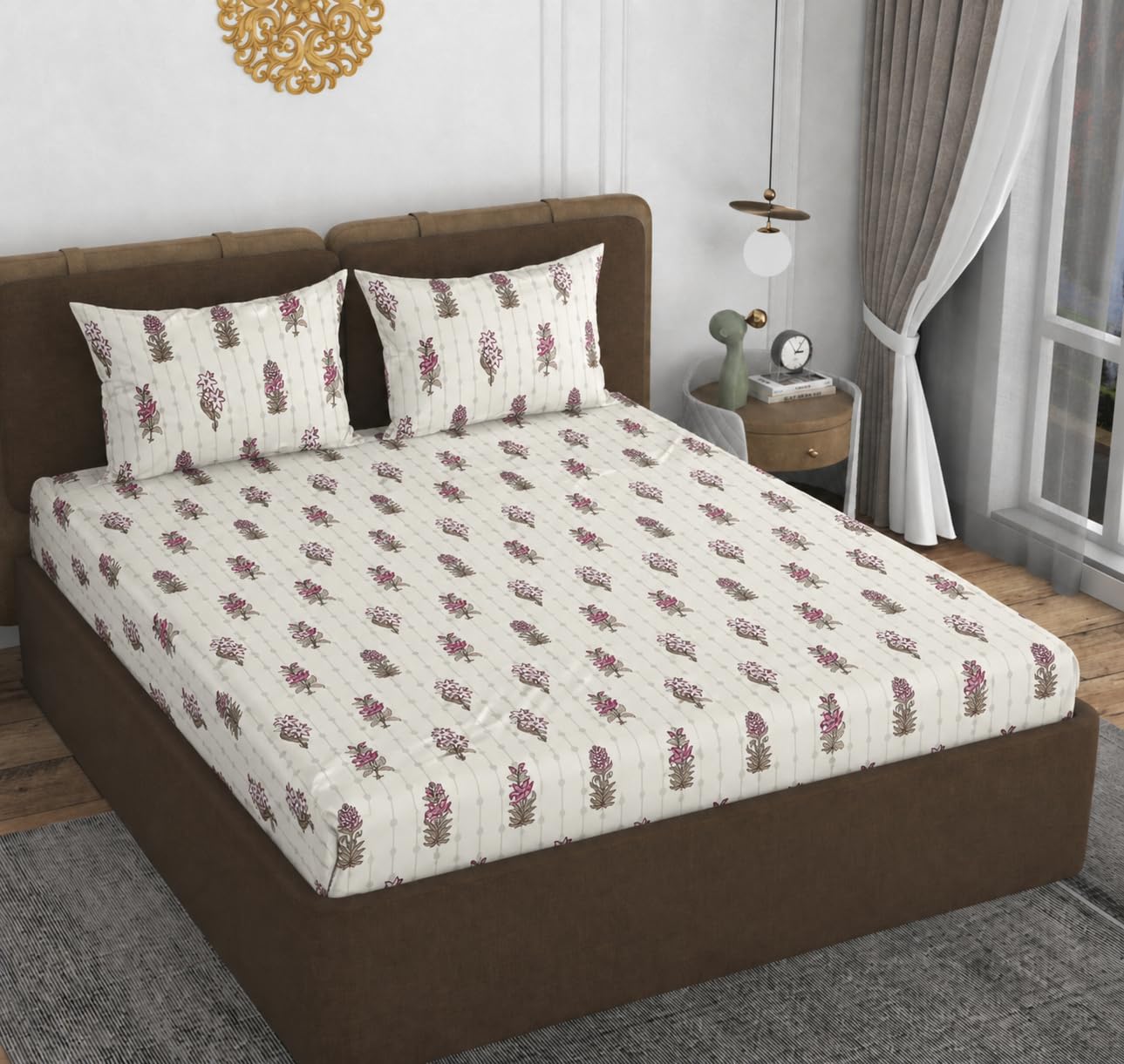 VOMZER 320 TC Cotton Feel All Around Elastic Fitted Bedsheets Queen Size, Premium Fitted Bedsheets Queen Size for Double Bed with 2 Pillow Covers, Size- 78” x 60” (Ivory Dot)