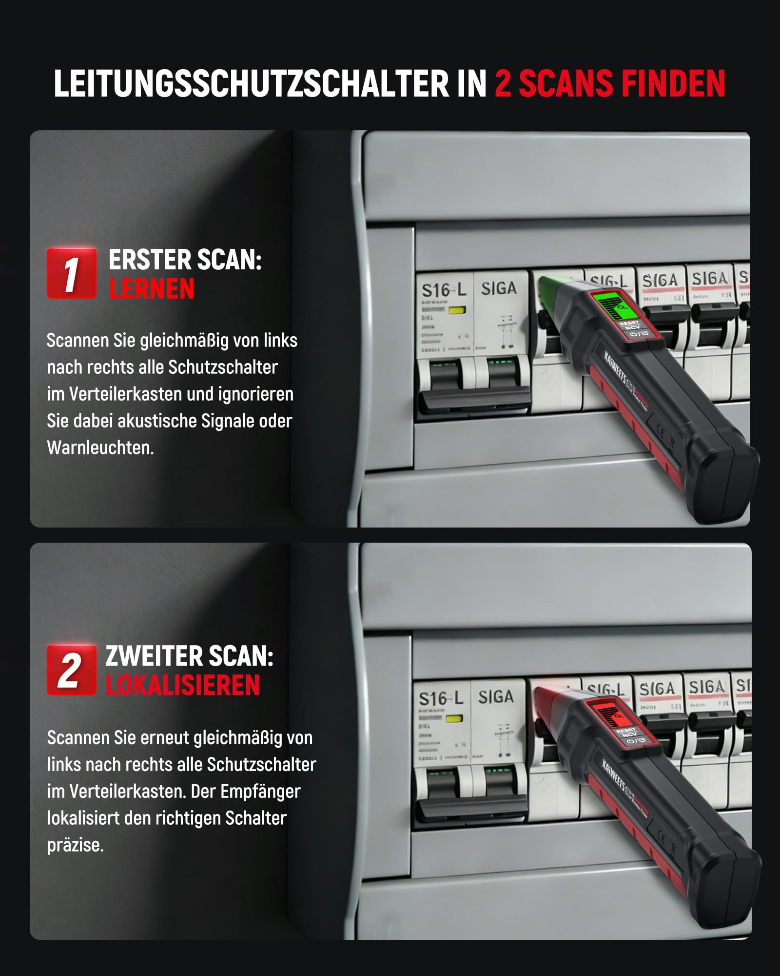 KAIWEETS Sicherungsfinder Set 2,2 Zoll LCD Steckdosentester RCD-Test Leitungssucher NCV LED-Taschenlampe