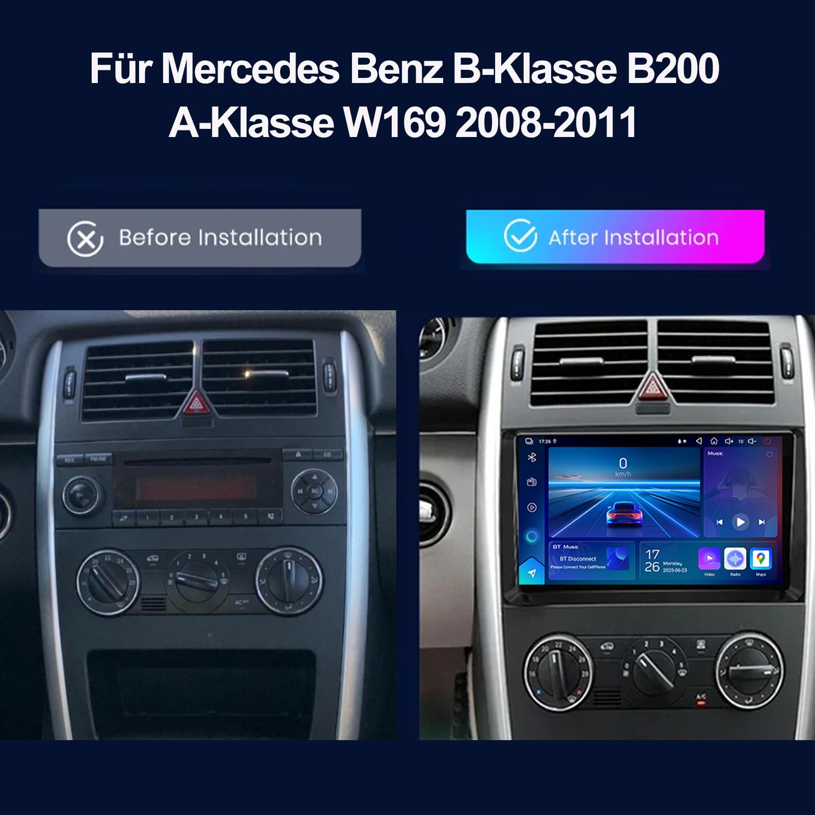 4GB+64GB Android13 Autoradio für Mercedes B-Klasse W245 B200 B160 B170 B180 A-Klasse W169, 9" QLED Touchscreen mit Wireless CarPlay & Android Auto, Navi GPS BT5.4 WiFi DSP RDS (Spezialrahmen (lang))