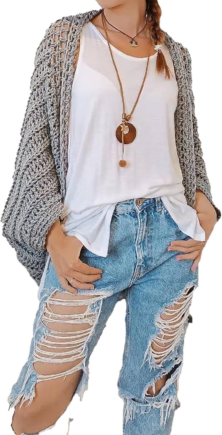 YOMACY Crochet Cocoon Shrug,Boho Cardigan For Women,Scarf Sweater Knitted Cable Wrap With Sleeves,Knitted Wrap,Cozy Crochet Cocoon Shrug(Light Gray)