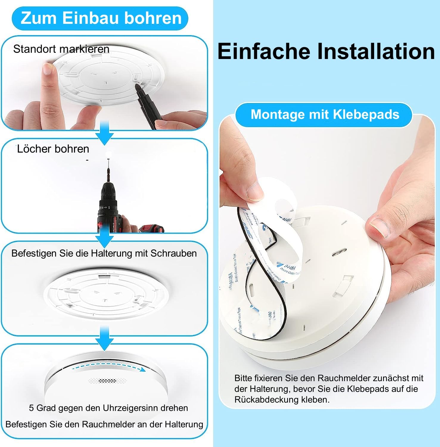Rauchmelder 10 Jahre Batterie 5er Set, TÜV Rheinland Zertifiziert, 85dB Alarm, Stumm-Funktion